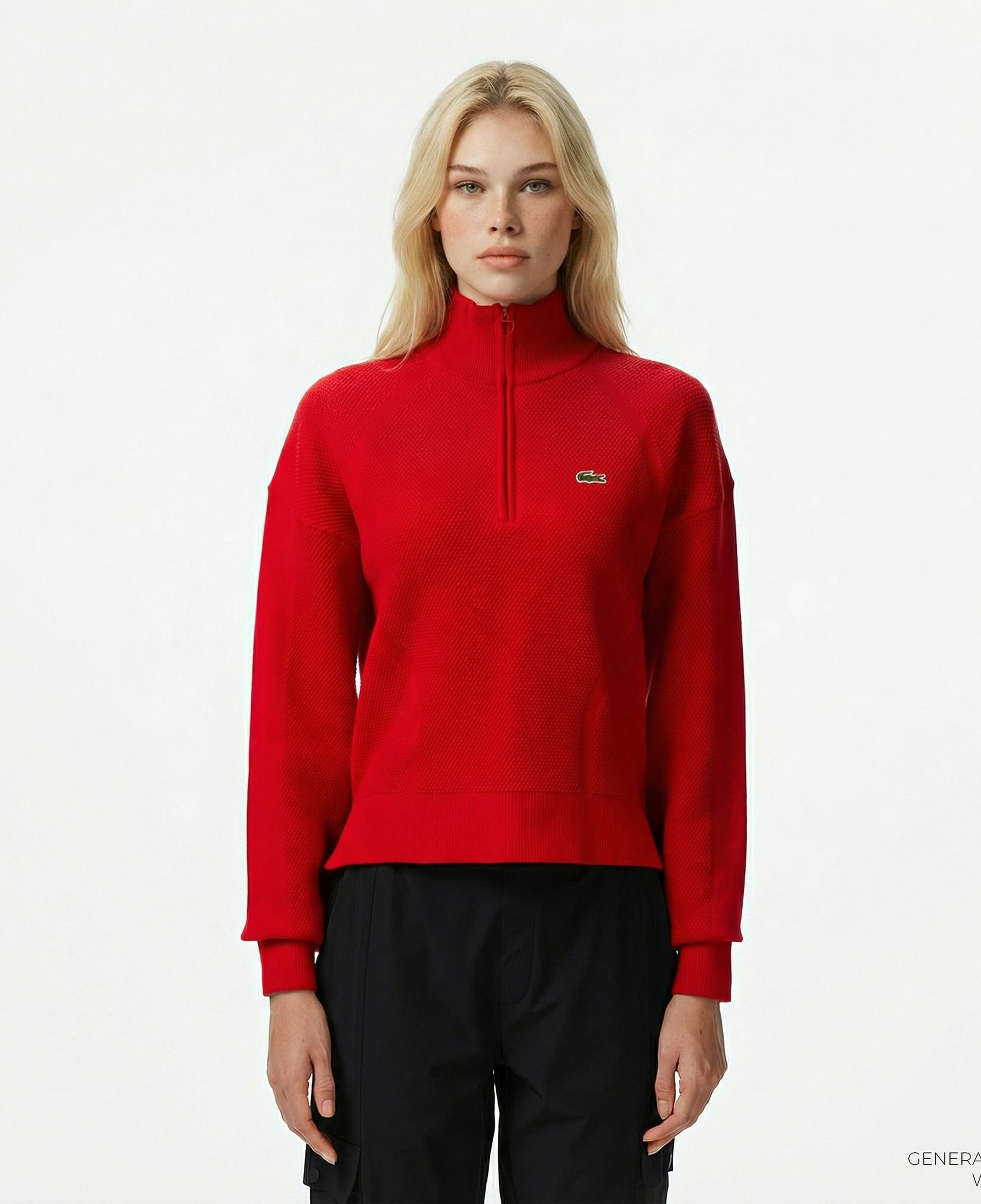 Lacoste Kadın Relaxed Fit Yarım Fermuarlı Kırmızı Kazak