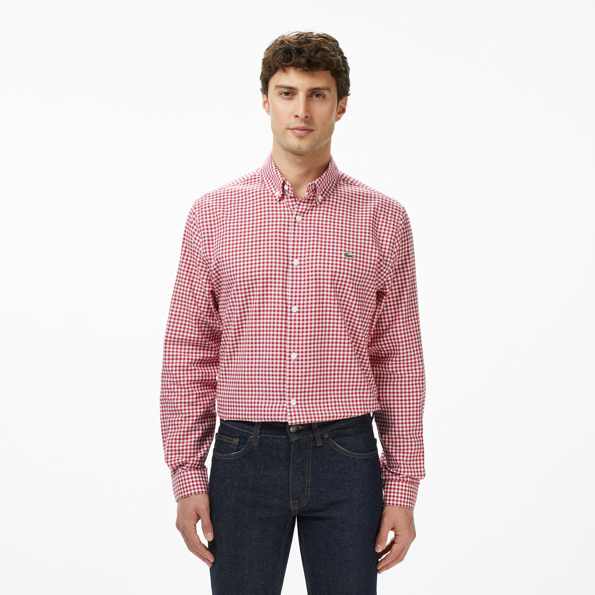 Lacoste Erkek Regular Fit Düğmeli Yaka Kareli Kırmızı Gömlek