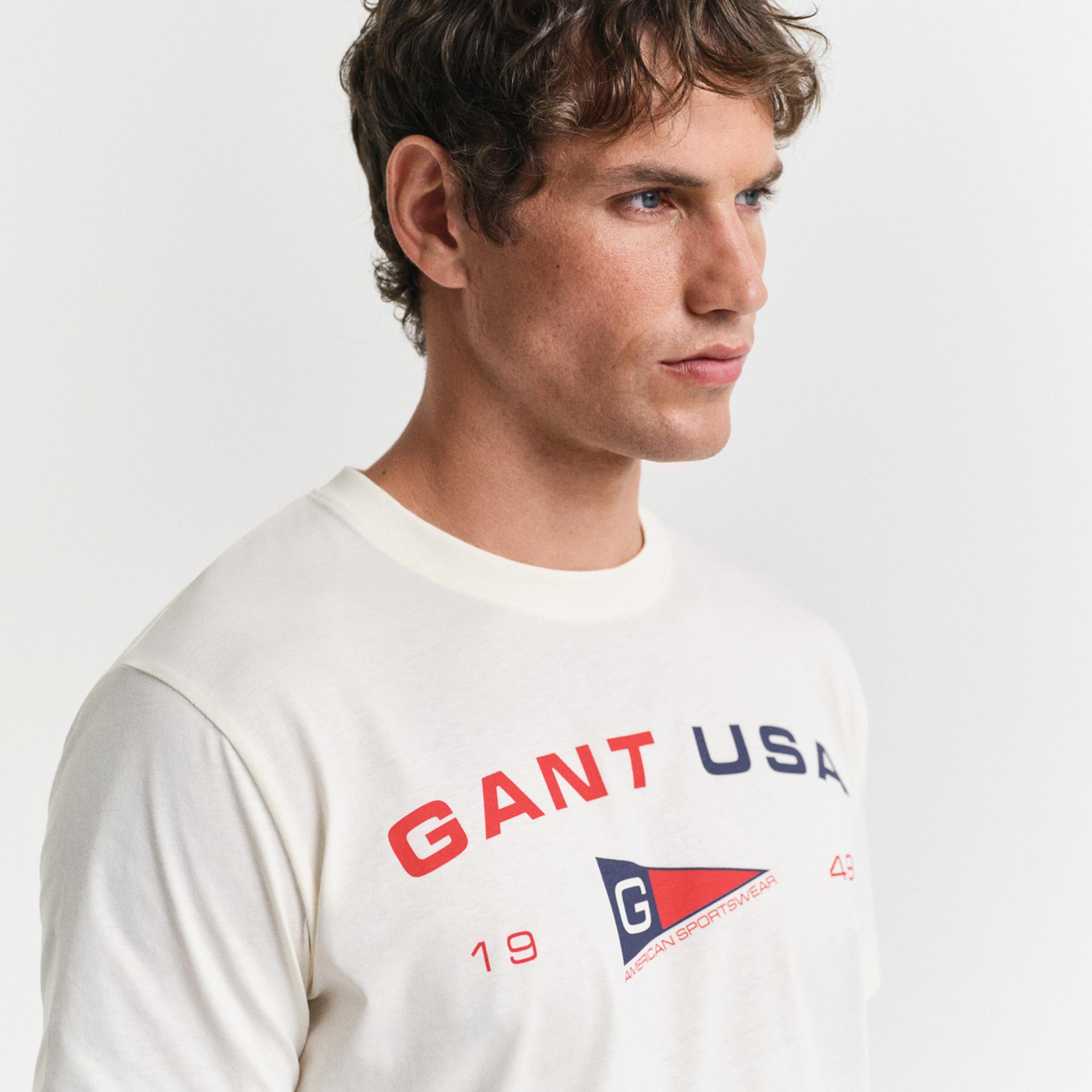 GANT Erkek Krem Regular Fit Bisiklet Yaka Logolu T-Shirt