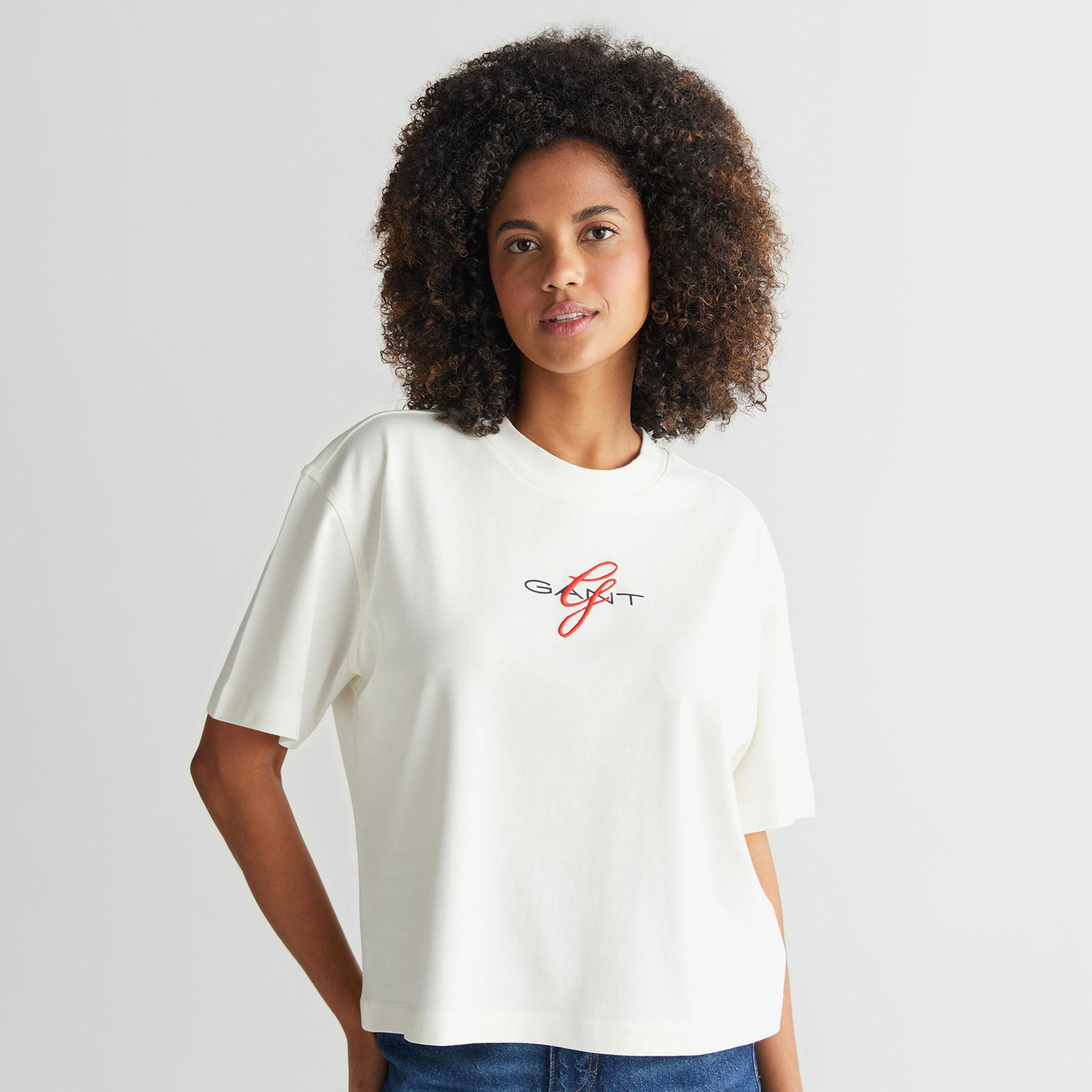 Gant Kadın Krem Bisiklet Yaka Logolu T-Shirt