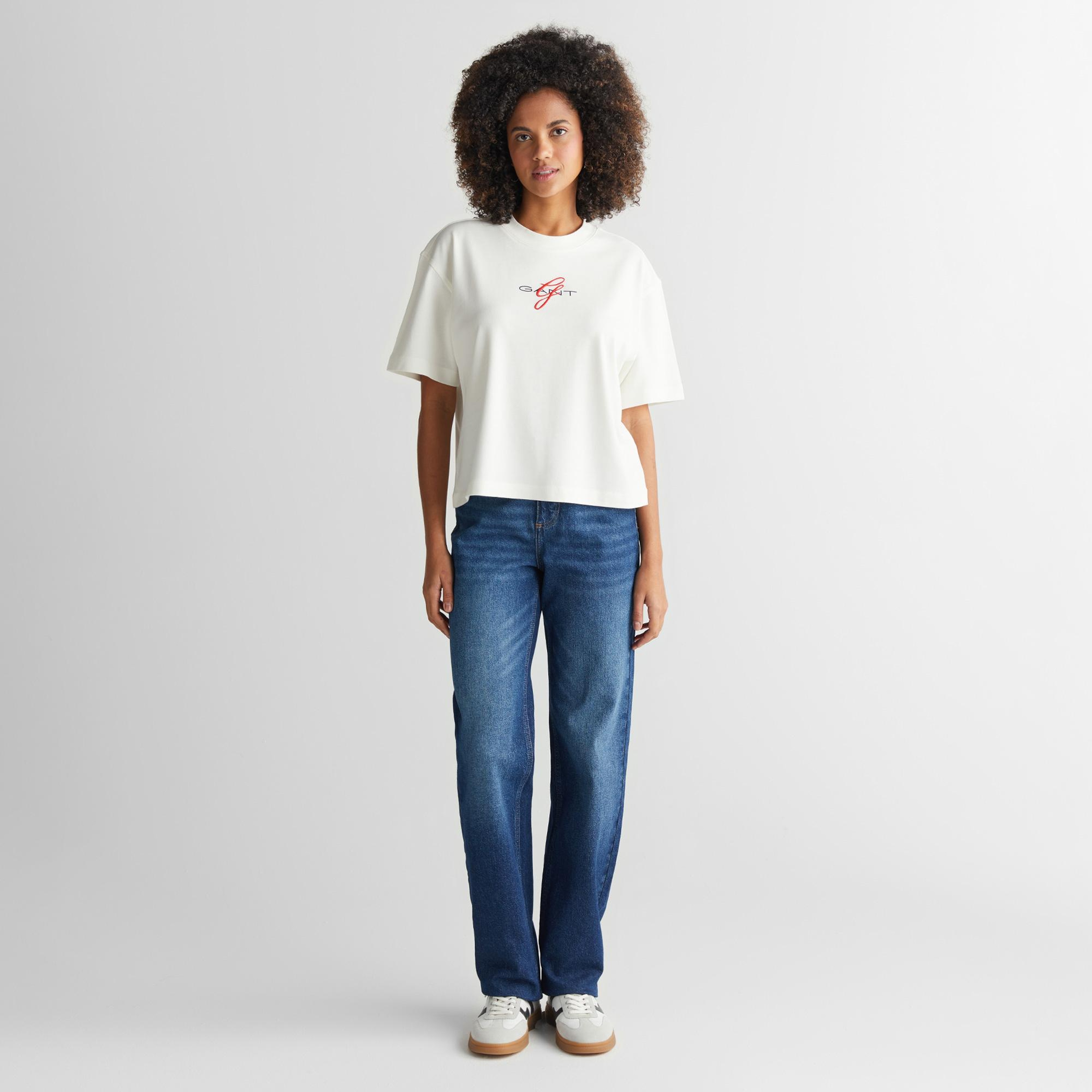 Gant Kadın Krem Bisiklet Yaka Logolu T-Shirt