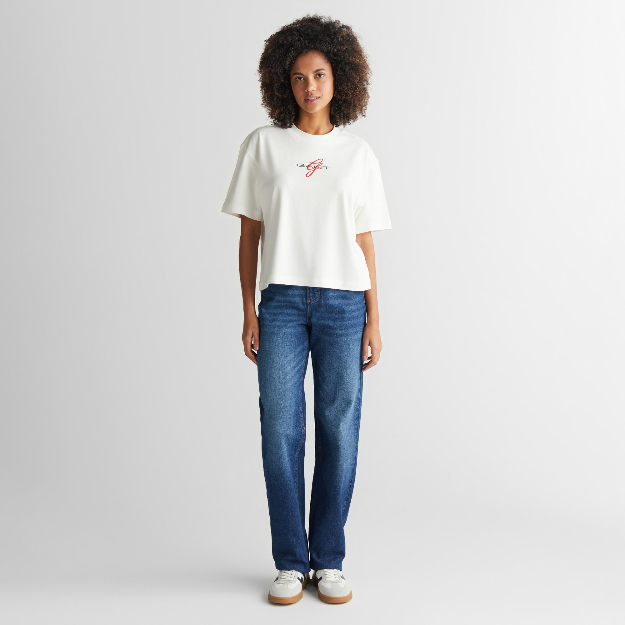 Gant Kadın Krem Bisiklet Yaka Logolu T-Shirt