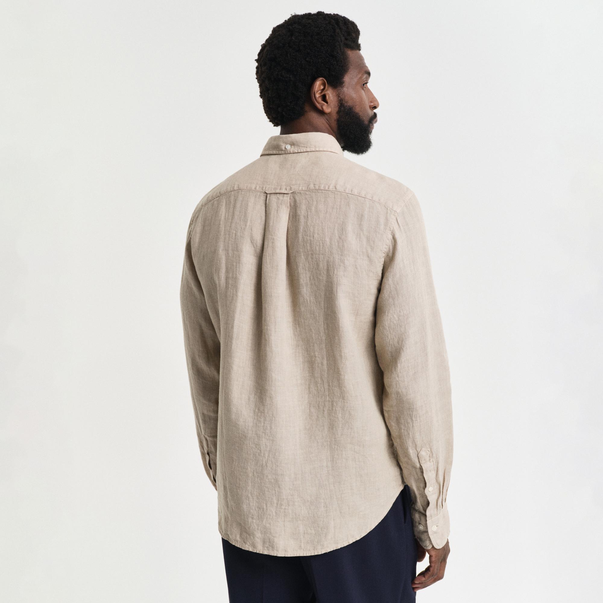 Gant Erkek Bej Regular Fit Düğmeli Yaka Keten Gömlek