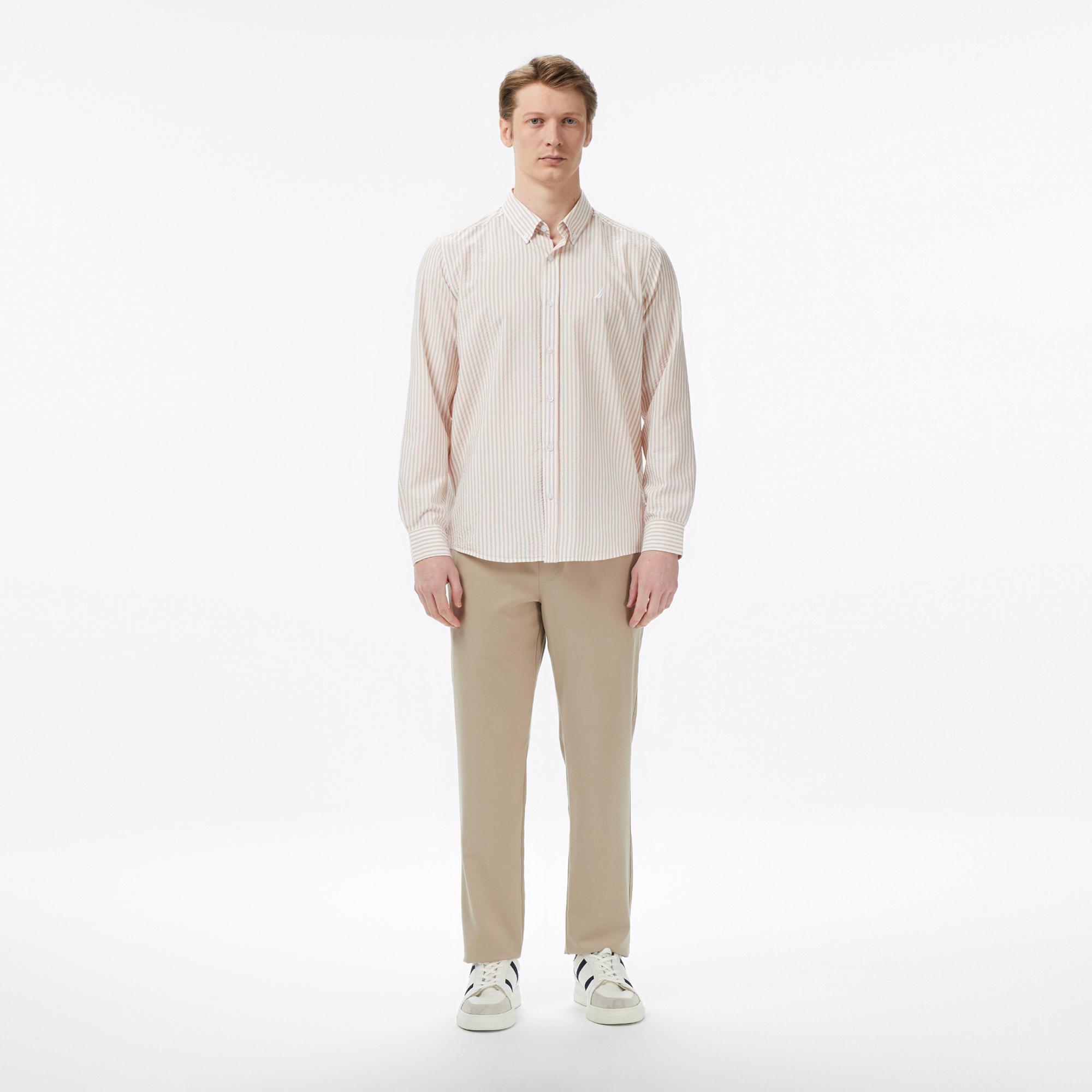 Nautica Erkek Bej Regular Fit Çizgili Gömlek