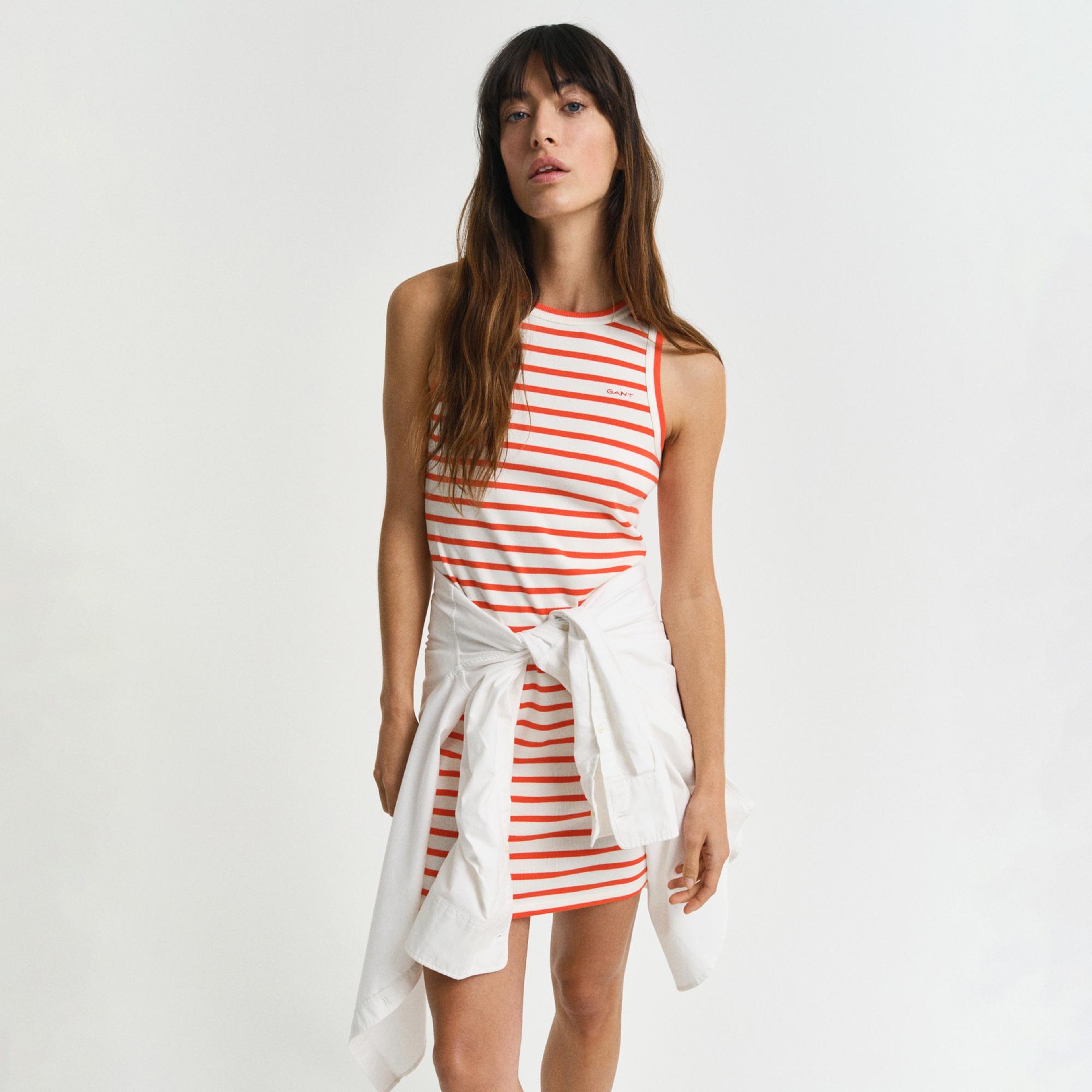 GANT Kadın Turuncu Slim Fit Bisiklet Yaka Çizgili Elbise