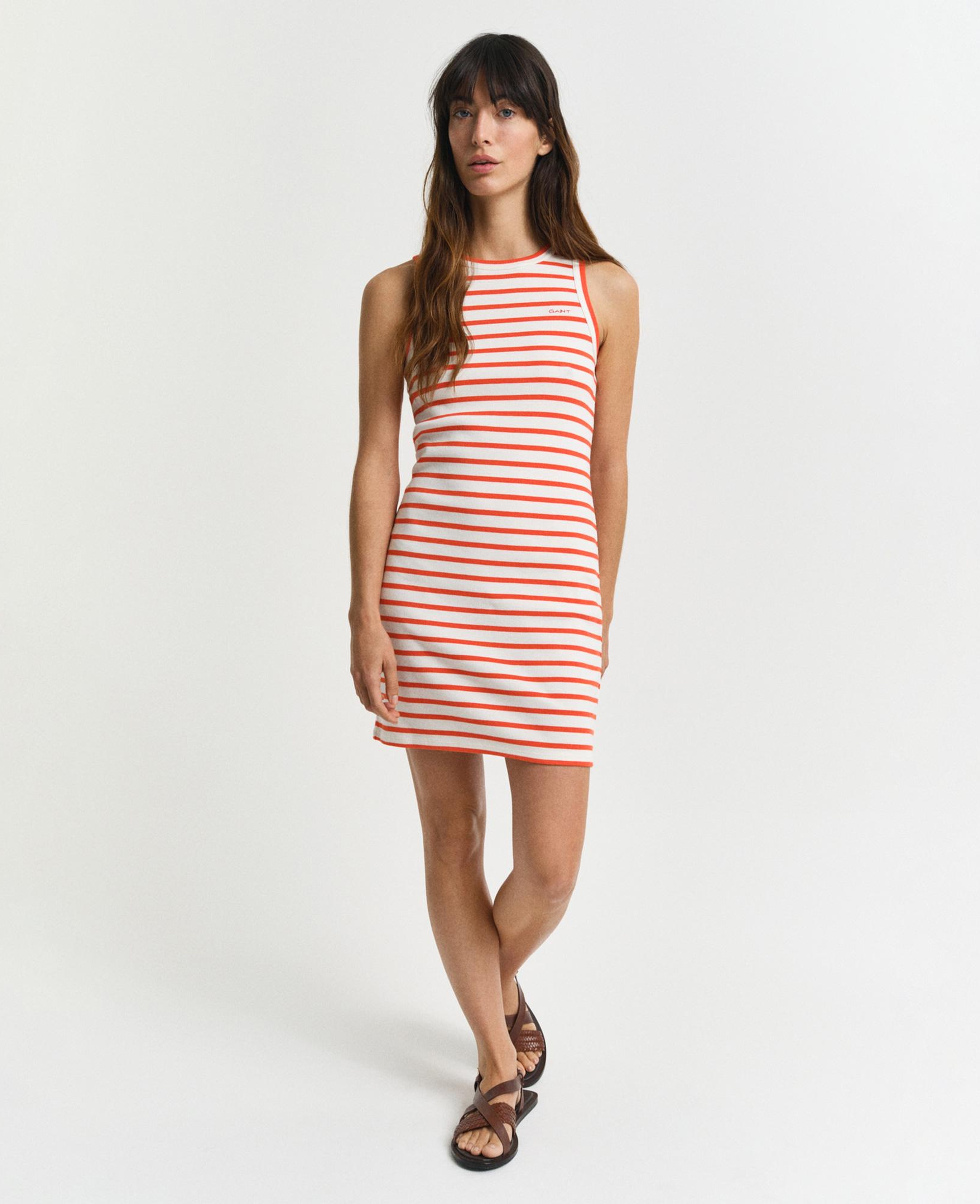 GANT Kadın Turuncu Slim Fit Bisiklet Yaka Çizgili Elbise