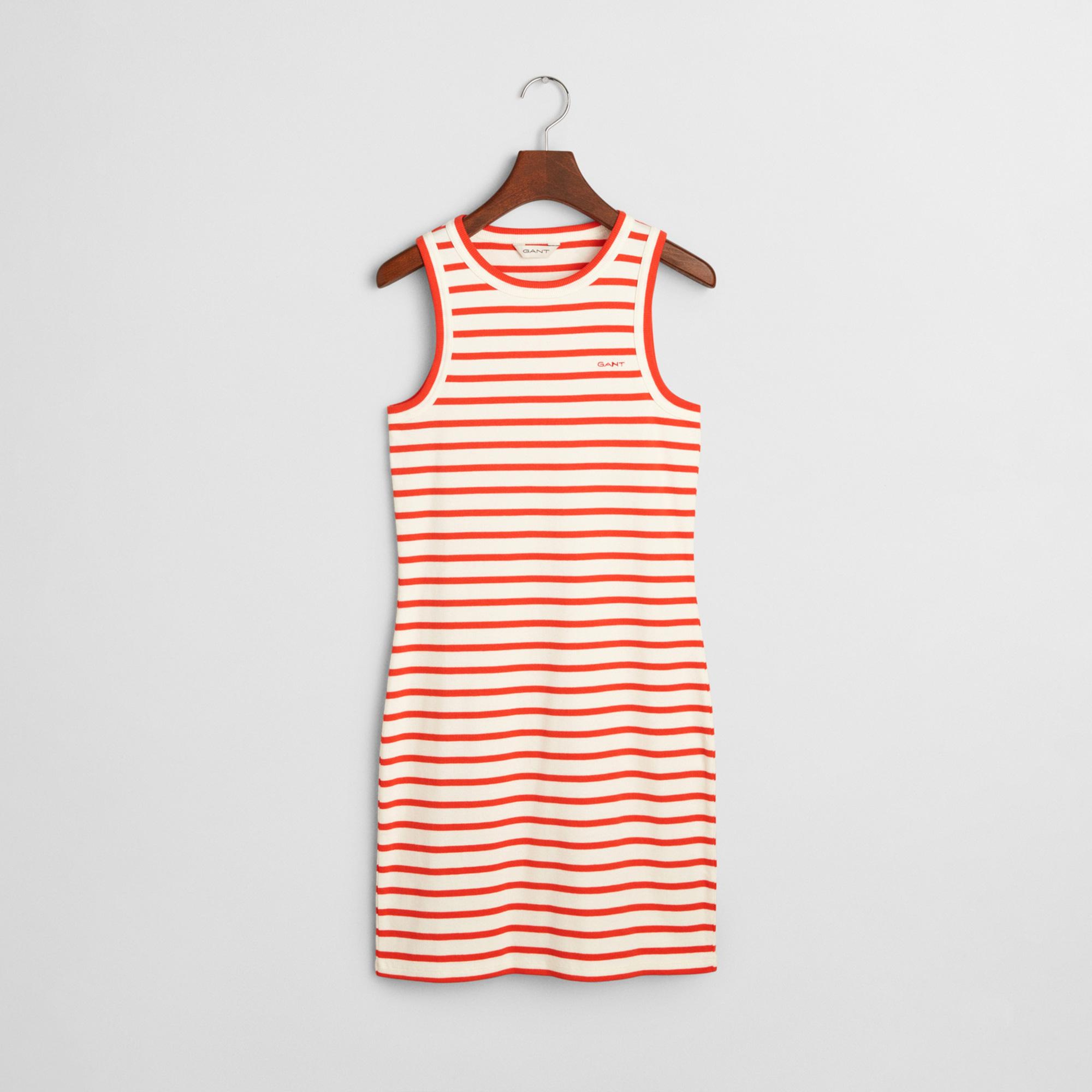 GANT Kadın Turuncu Slim Fit Bisiklet Yaka Çizgili Elbise