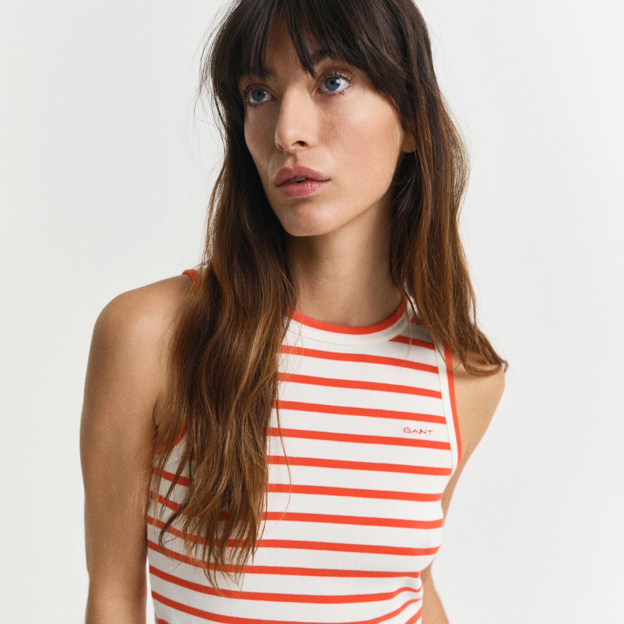 GANT Kadın Turuncu Slim Fit Bisiklet Yaka Çizgili Elbise