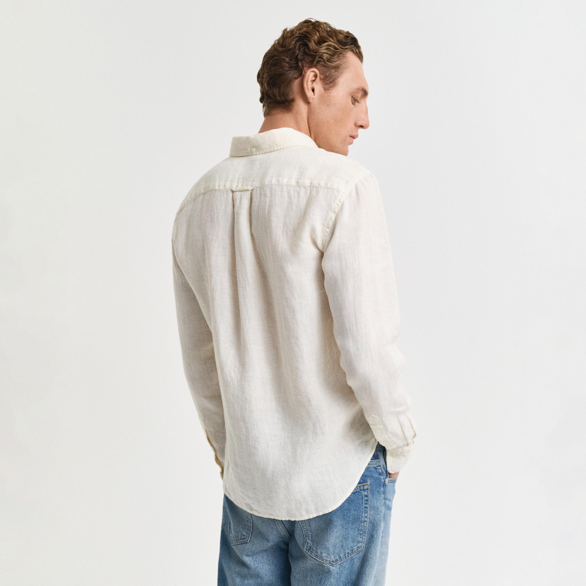 Gant Erkek Krem Regular Fit Düğmeli Yaka Keten Gömlek