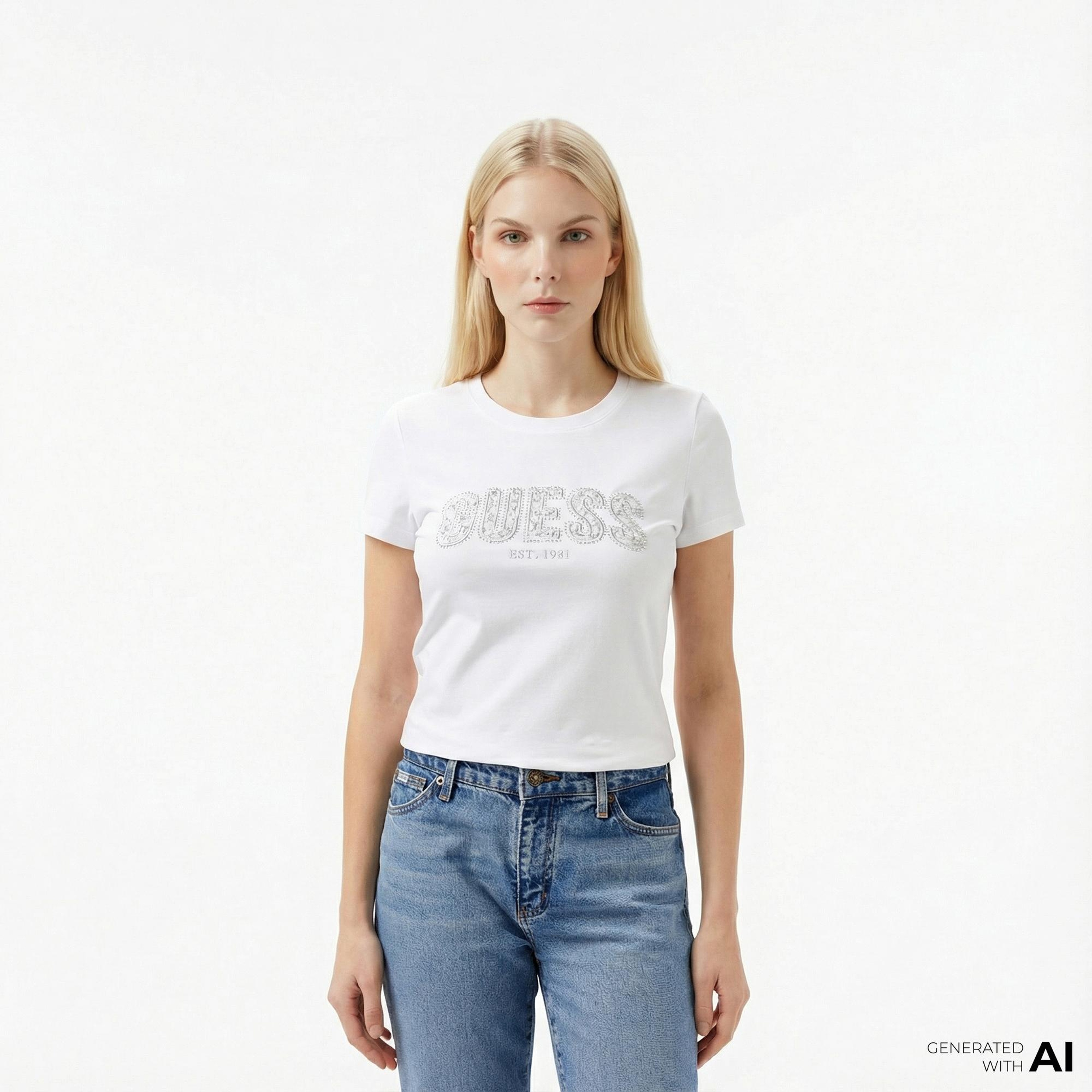 Guess Logo Kadın Beyaz T-Shirt