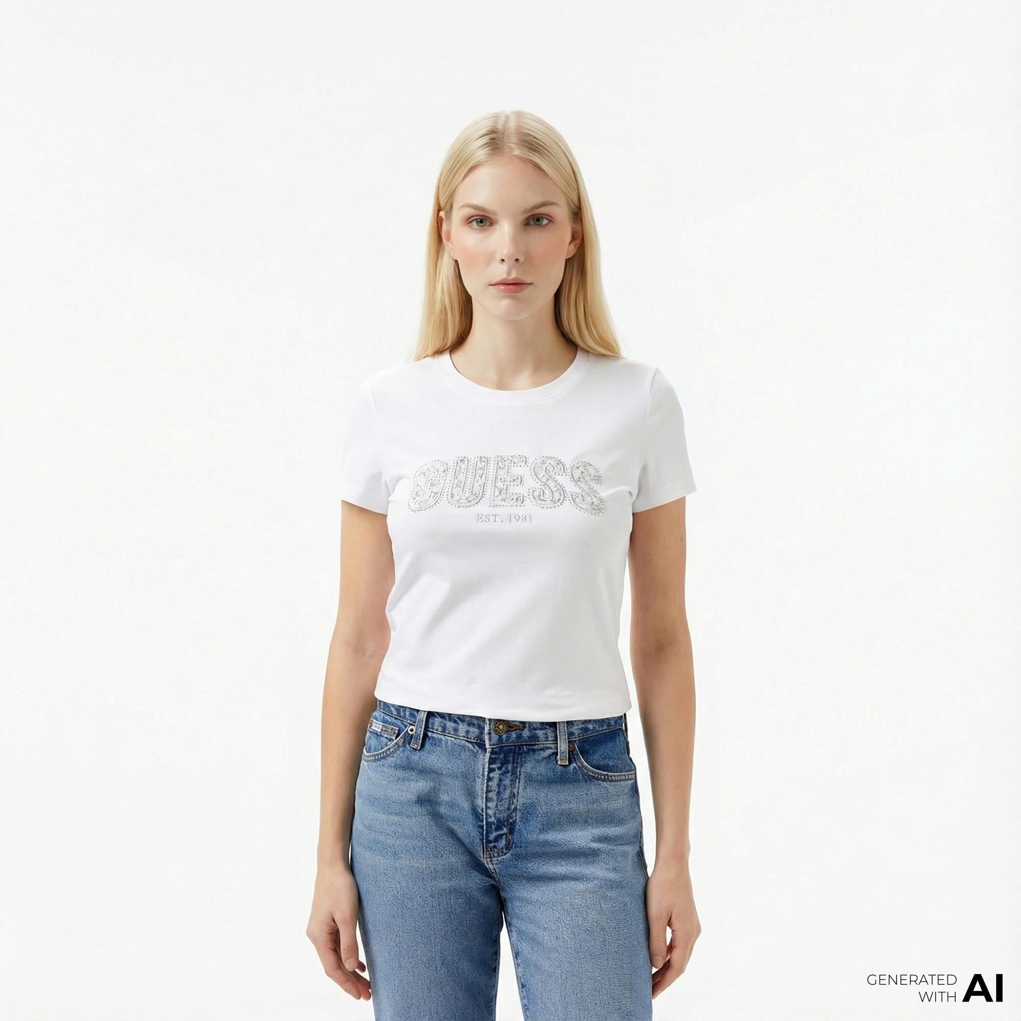 Guess Logo Kadın Beyaz T-Shirt
