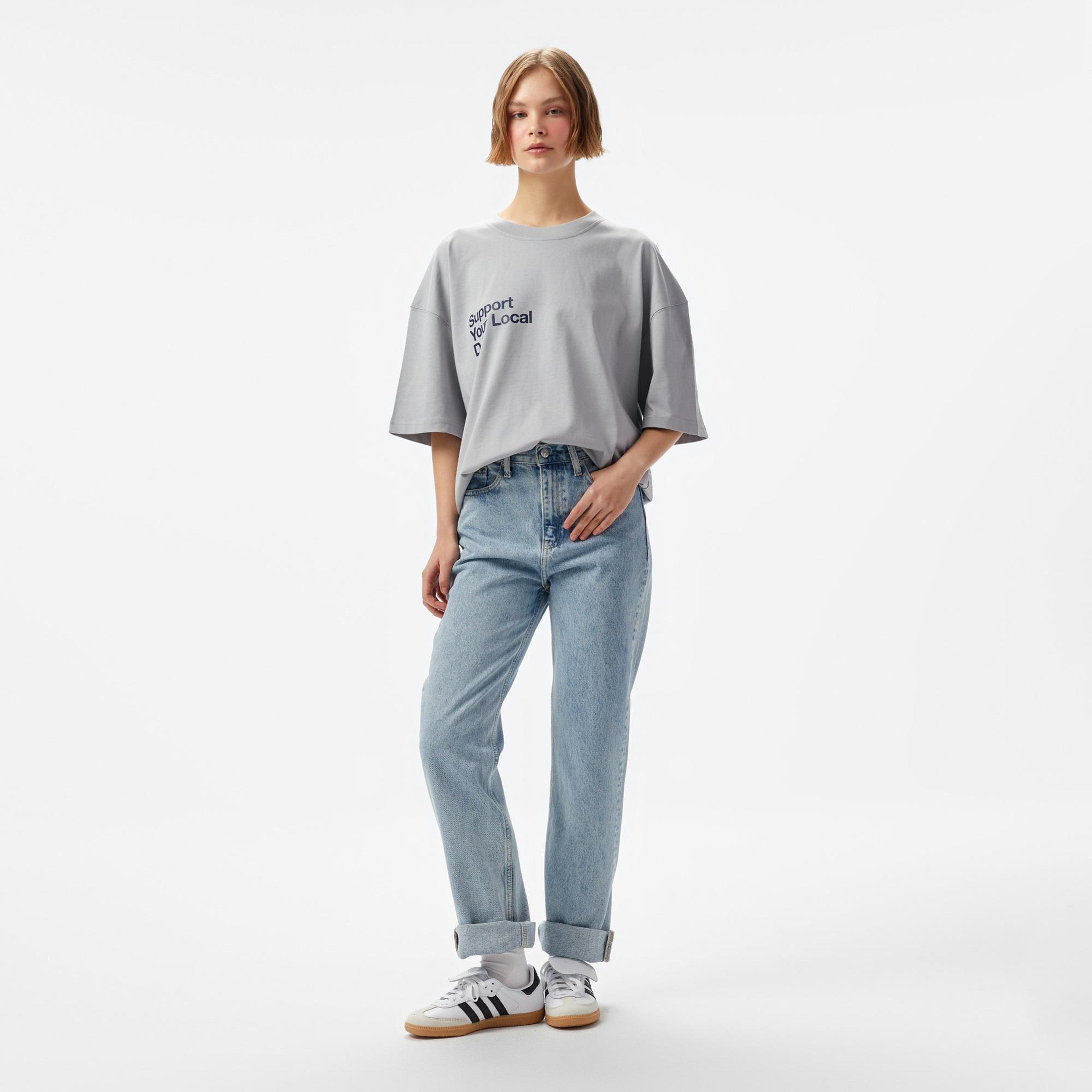 Aclothco X LFI Oversized Crew Neck Slogan Printed Unisex Gri T-Shirt