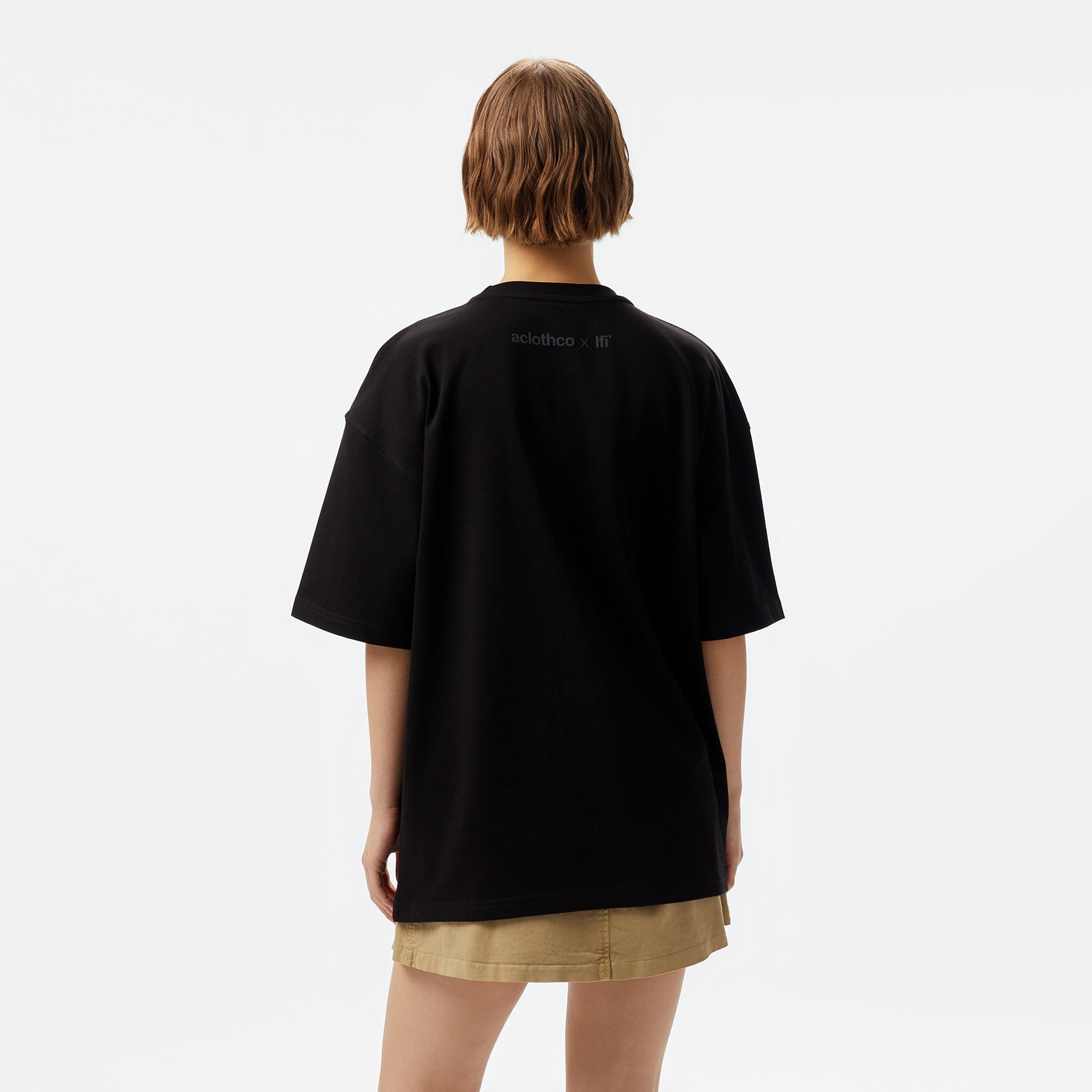 Aclothco X LFI Oversized Crew Neck Slogan Printed Unisex Siyah T-Shirt