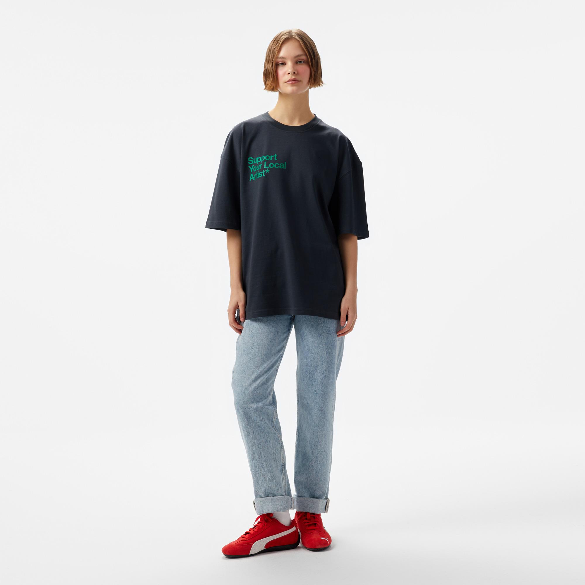 Aclothco X LFI Oversized Crew Neck Slogan Printed Unisex Antrasit T-Shirt