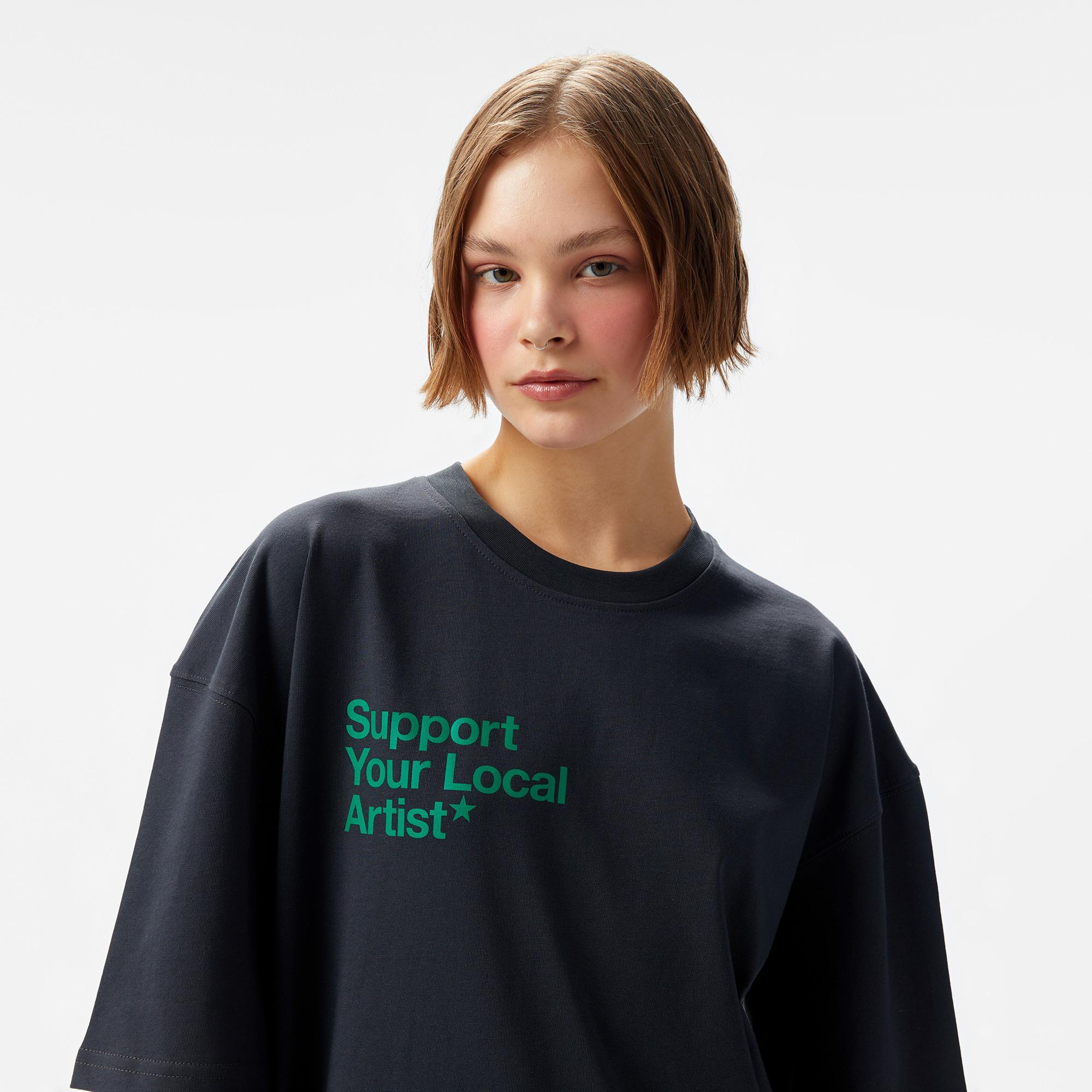 Aclothco X LFI Oversized Crew Neck Slogan Printed Unisex Antrasit T-Shirt