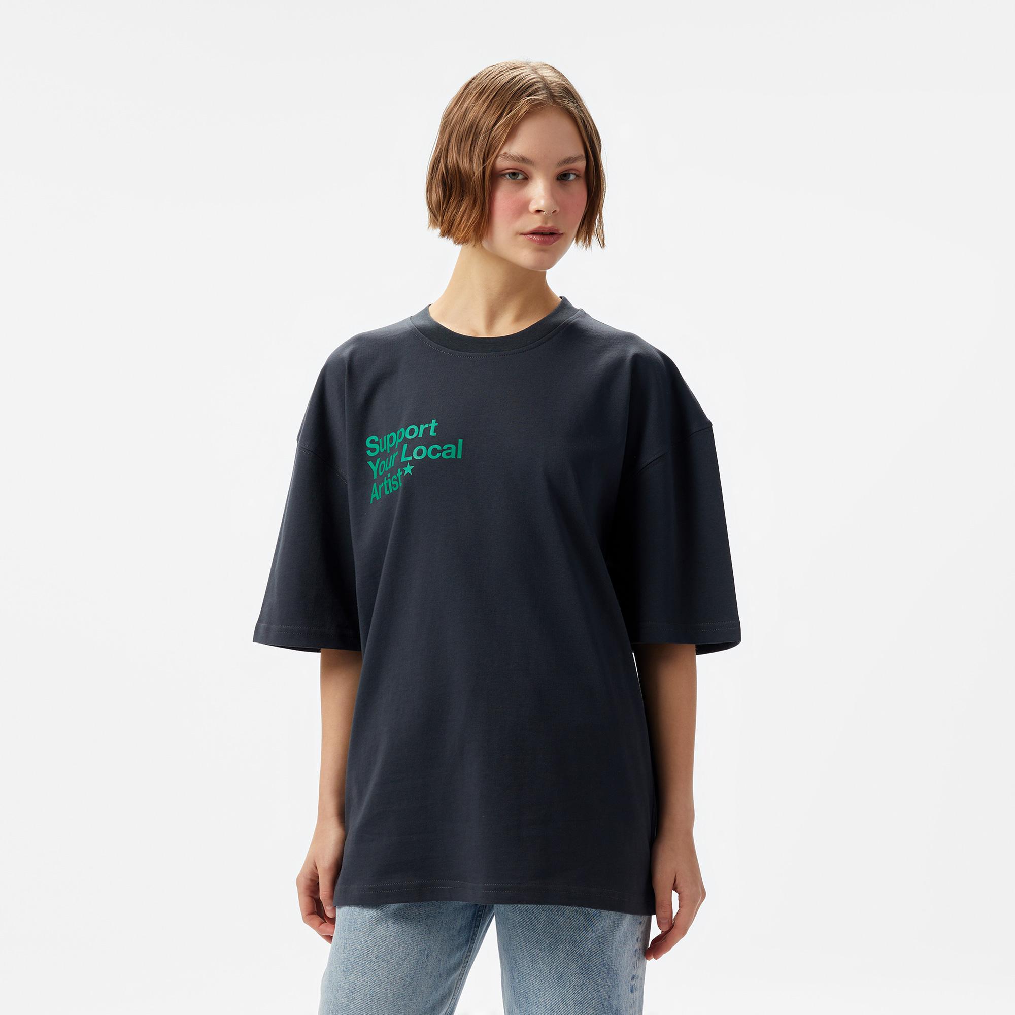 Aclothco X LFI Oversized Crew Neck Slogan Printed Unisex Antrasit T-Shirt