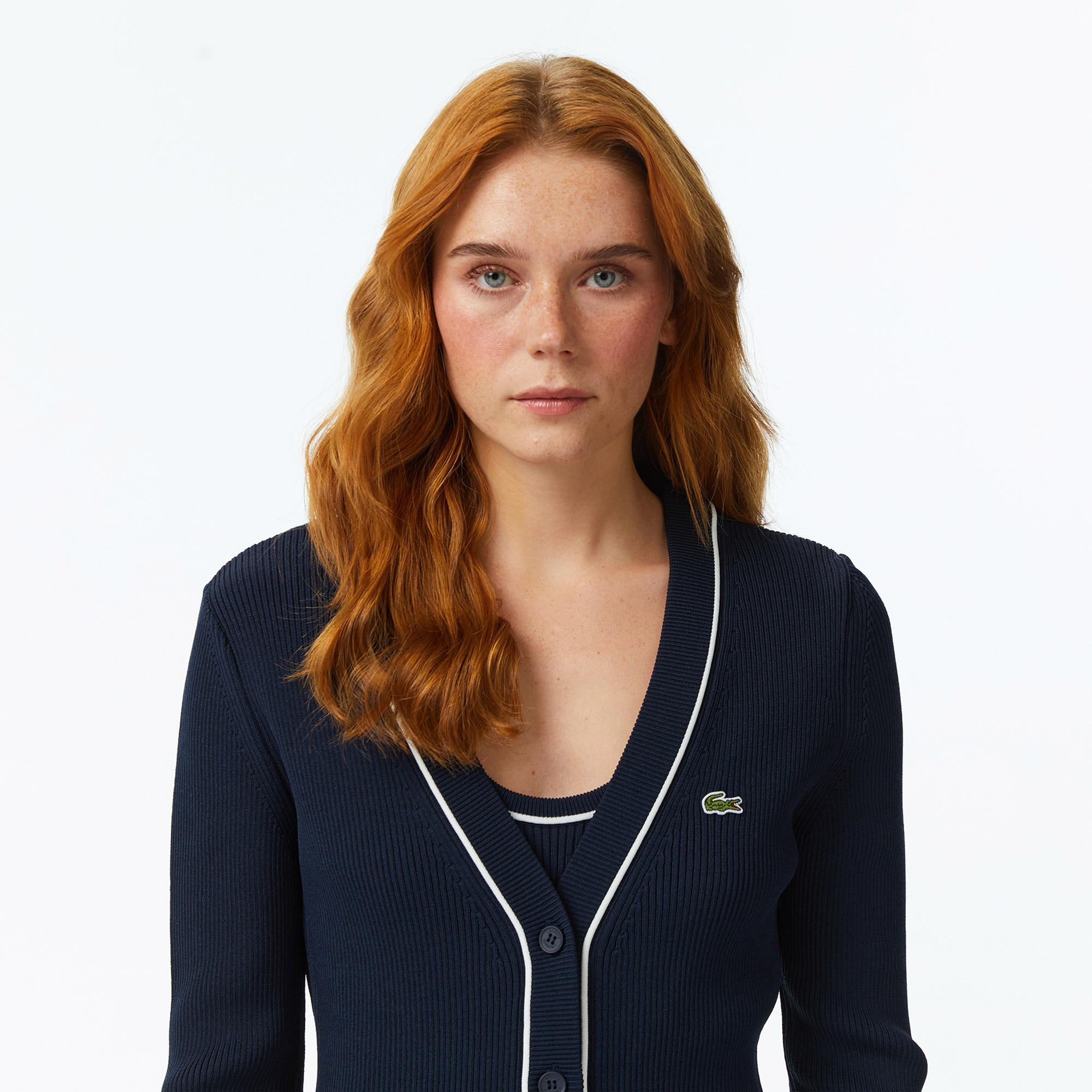 Lacoste Kadın Slim Fit V Yaka Lacivert Hırka