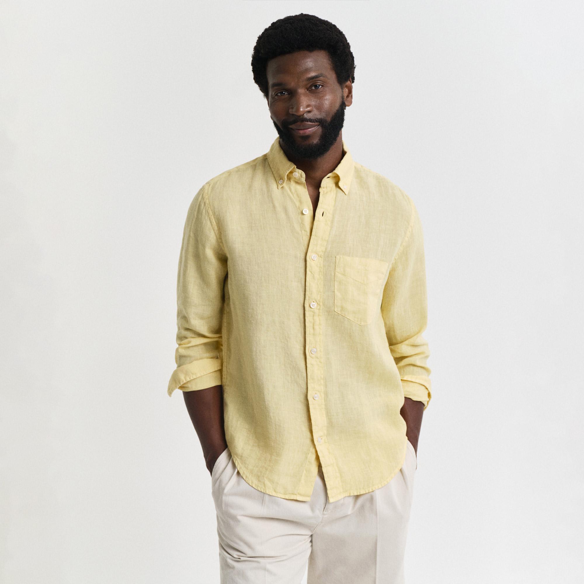 Gant Erkek Sarı Regular Fit Düğmeli Yaka Keten Gömlek