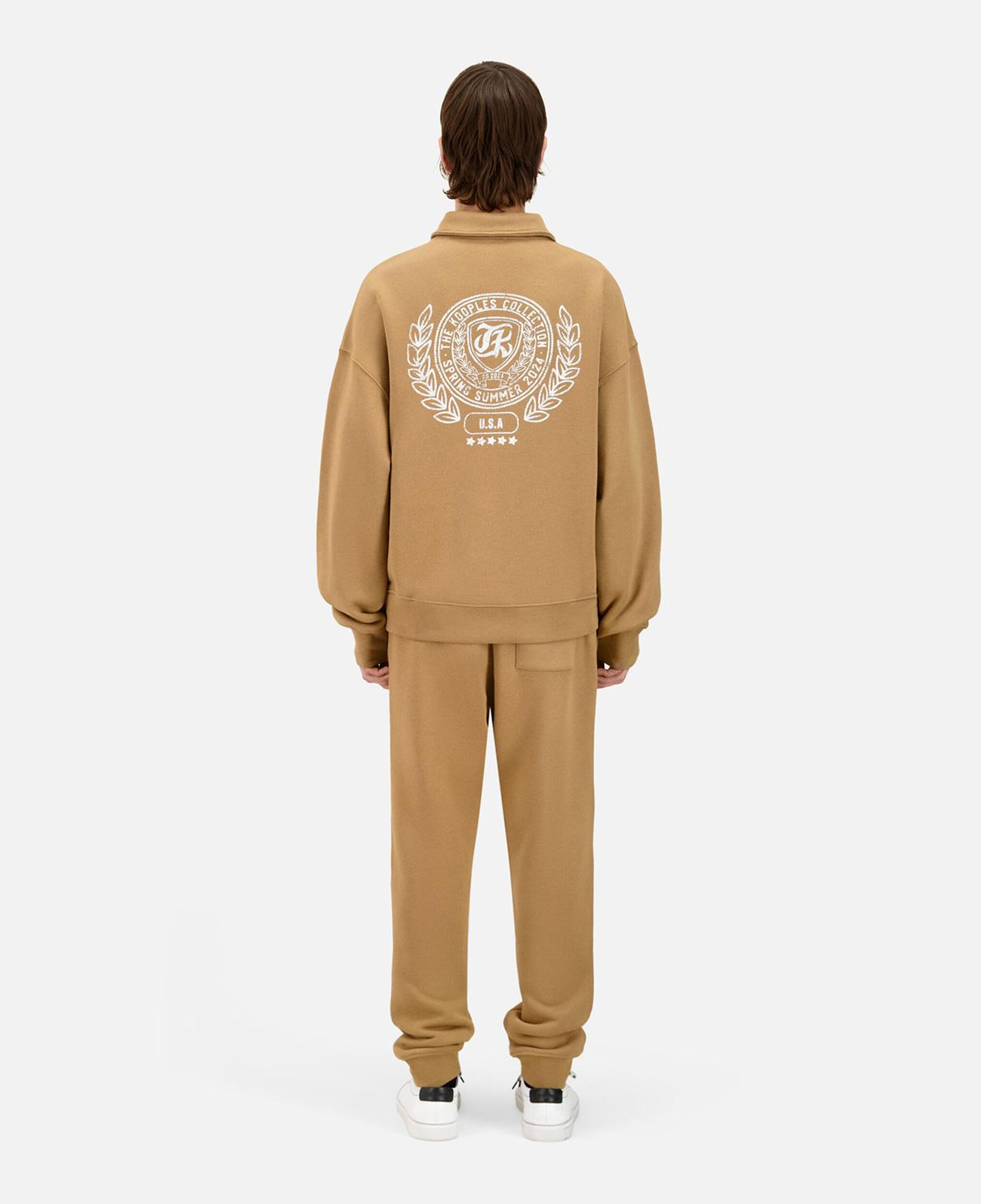 ERKEK BASKILI YARIM FERMUARLI BEJ SWEATSHIRT