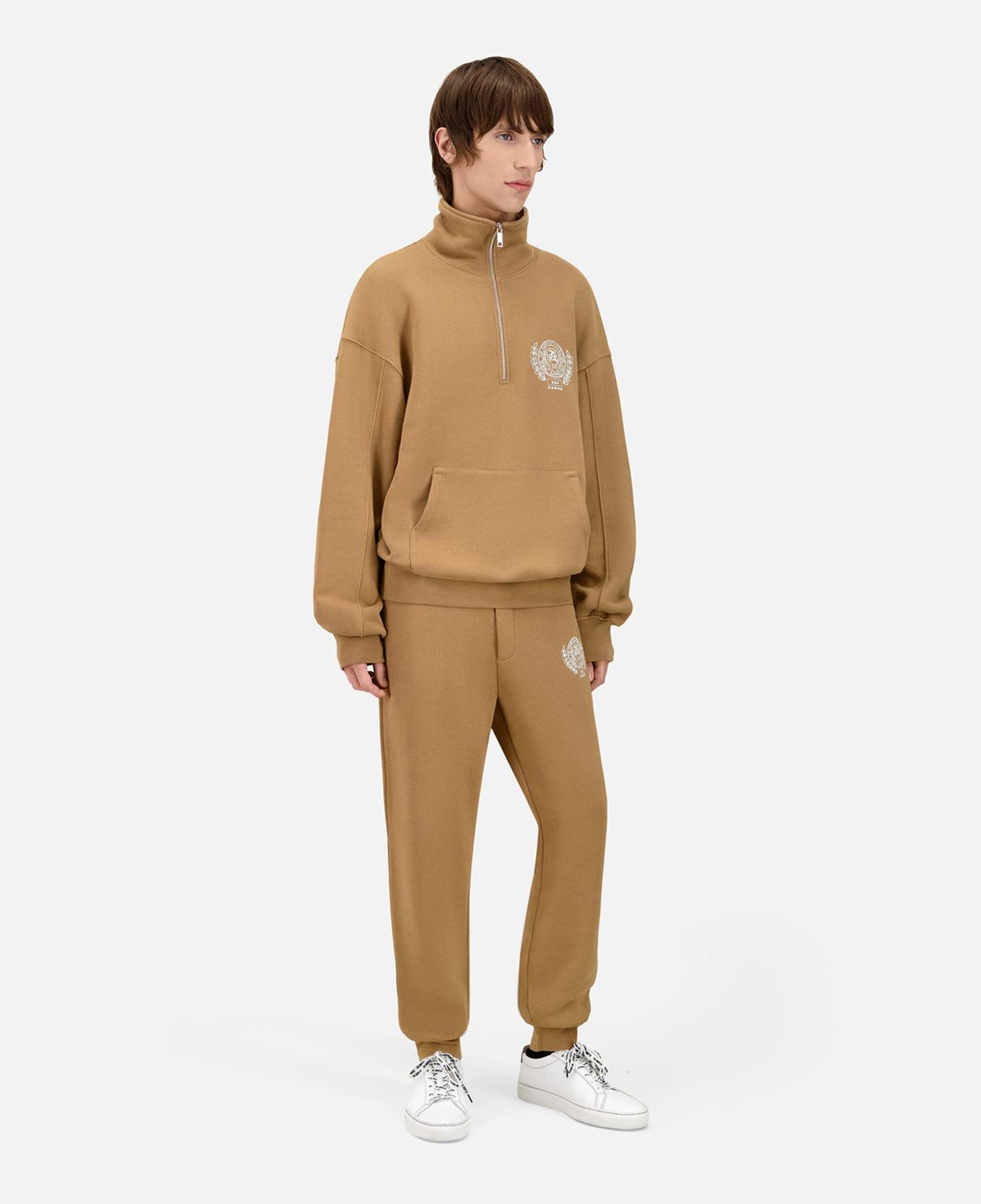ERKEK BASKILI YARIM FERMUARLI BEJ SWEATSHIRT