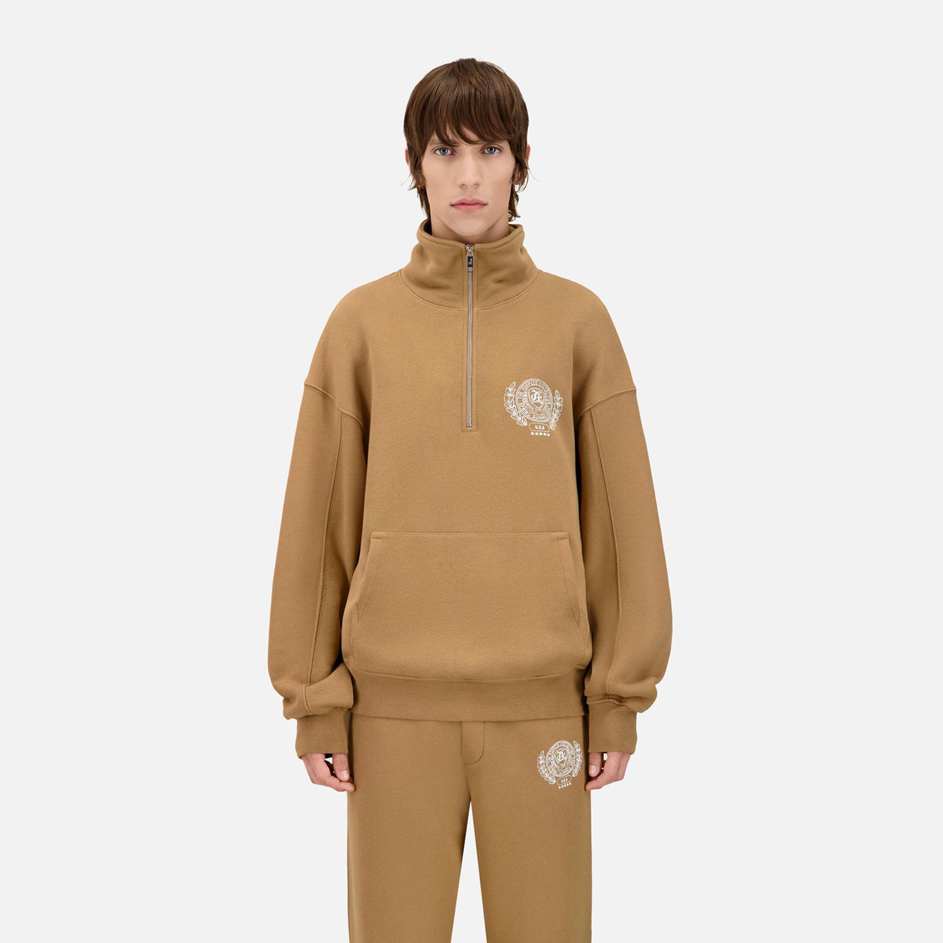 ERKEK BASKILI YARIM FERMUARLI BEJ SWEATSHIRT
