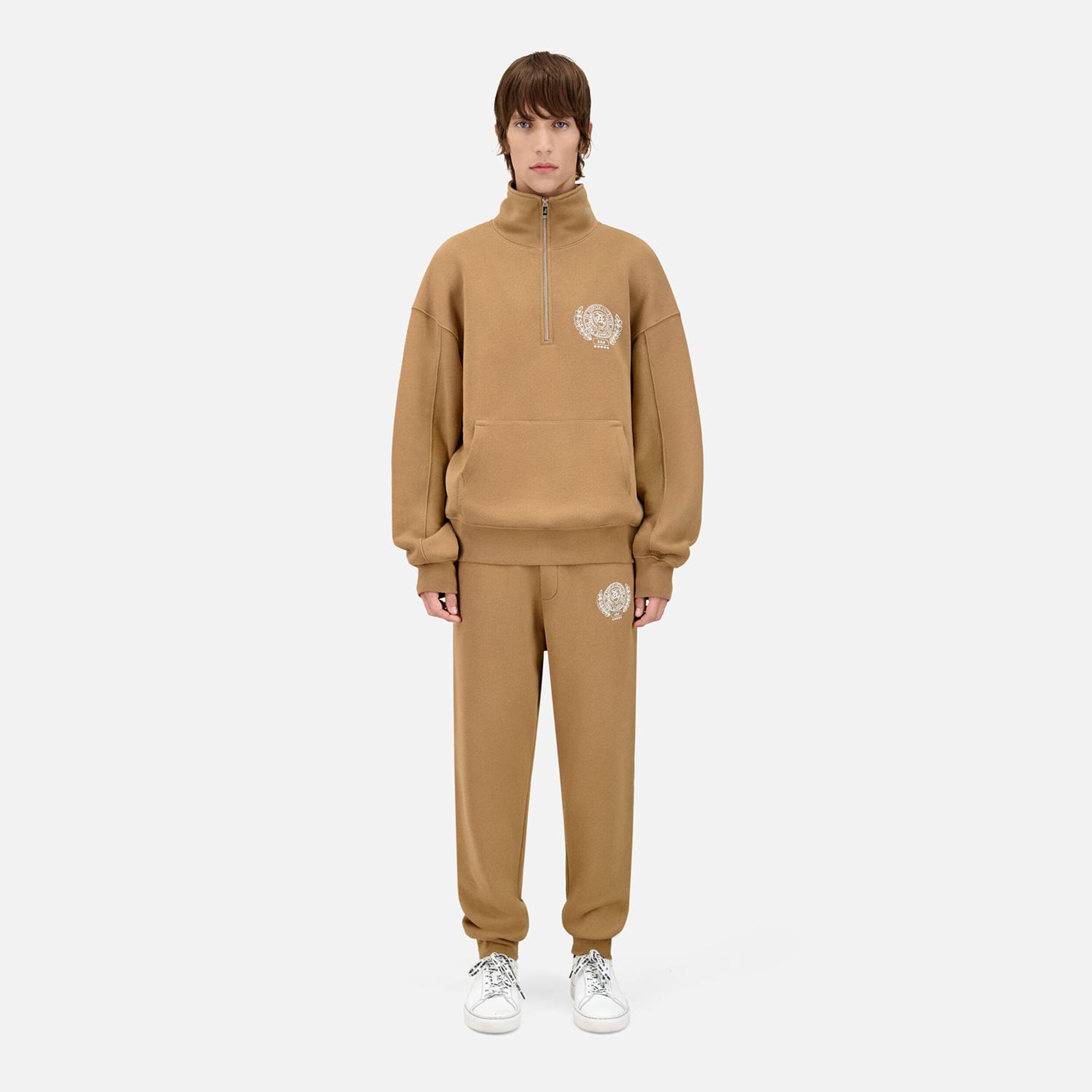ERKEK BASKILI YARIM FERMUARLI BEJ SWEATSHIRT