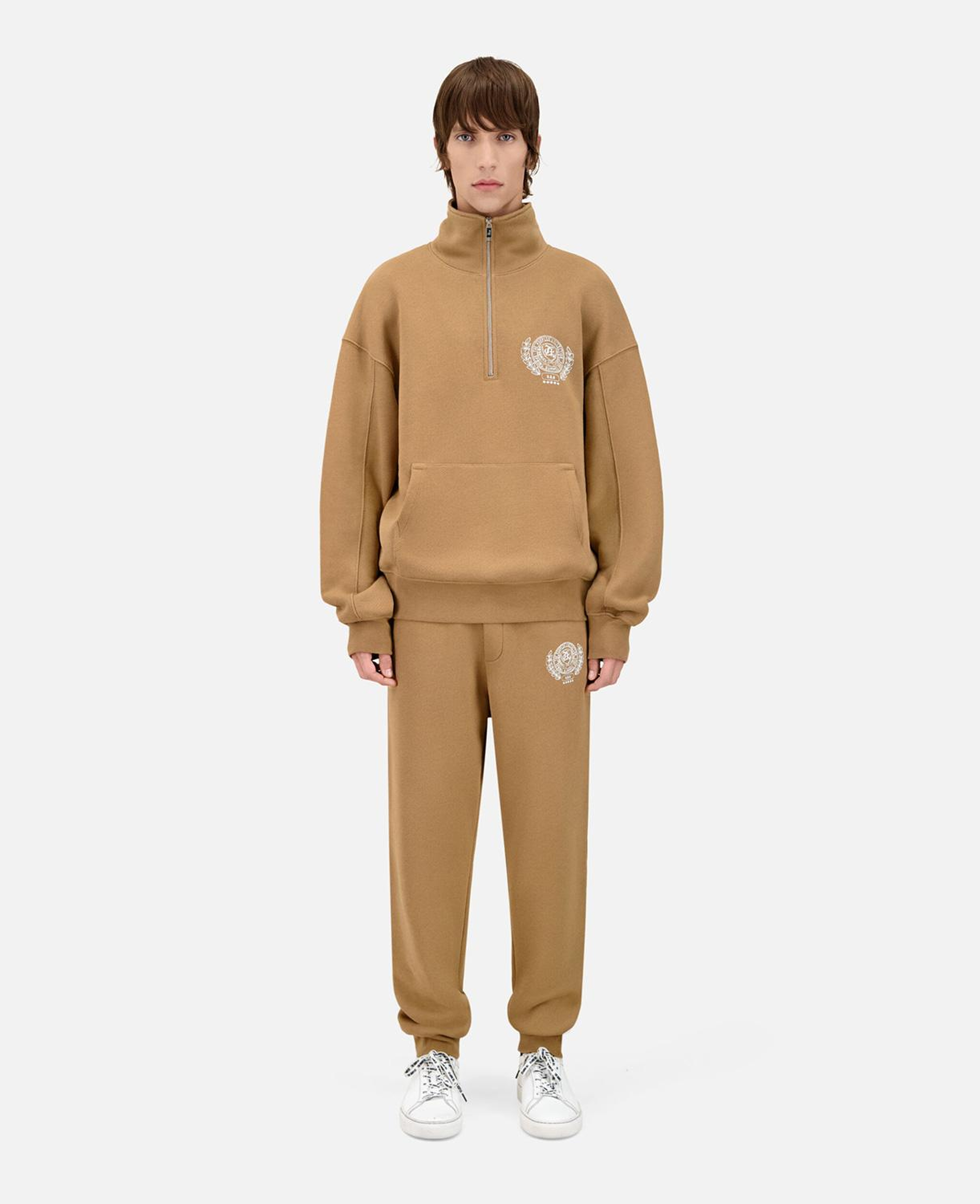 ERKEK BASKILI YARIM FERMUARLI BEJ SWEATSHIRT