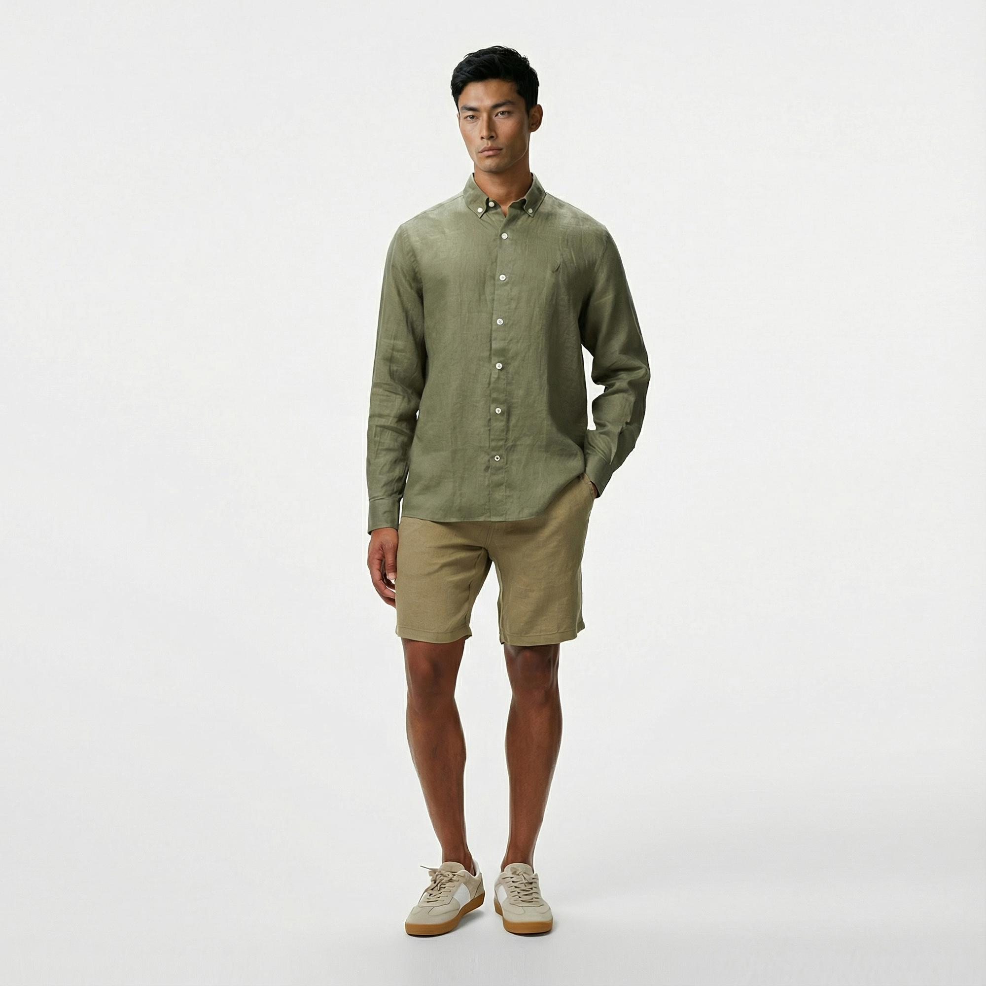 Nautica Erkek Yeşil Classic Fit Keten Gömlek