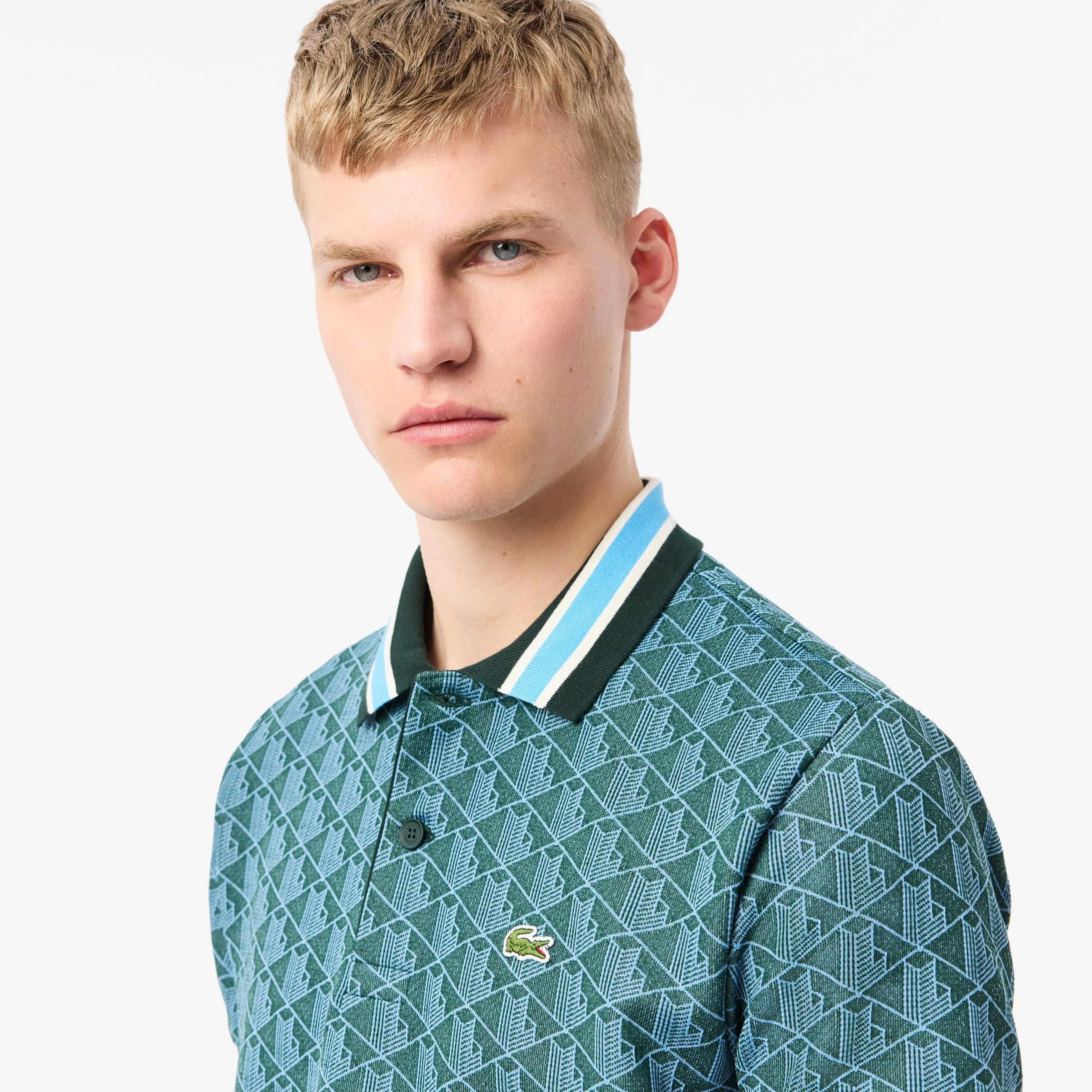 Erkek Classic Fit Monogram Yeşil Polo