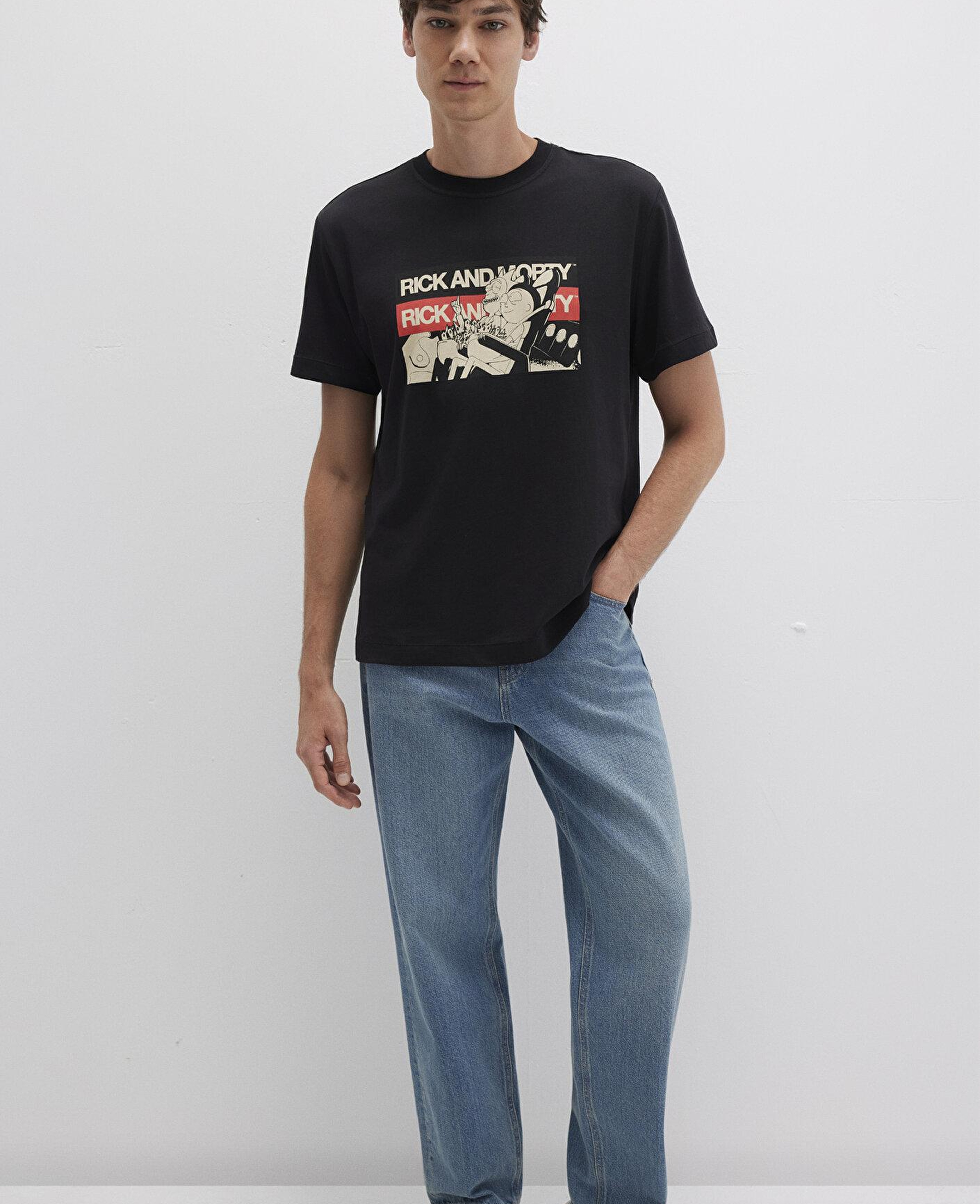 Mavi Rick And Morty Baskılı Siyah Tişört Loose Fit / Bol Rahat Kesim 0612922-900