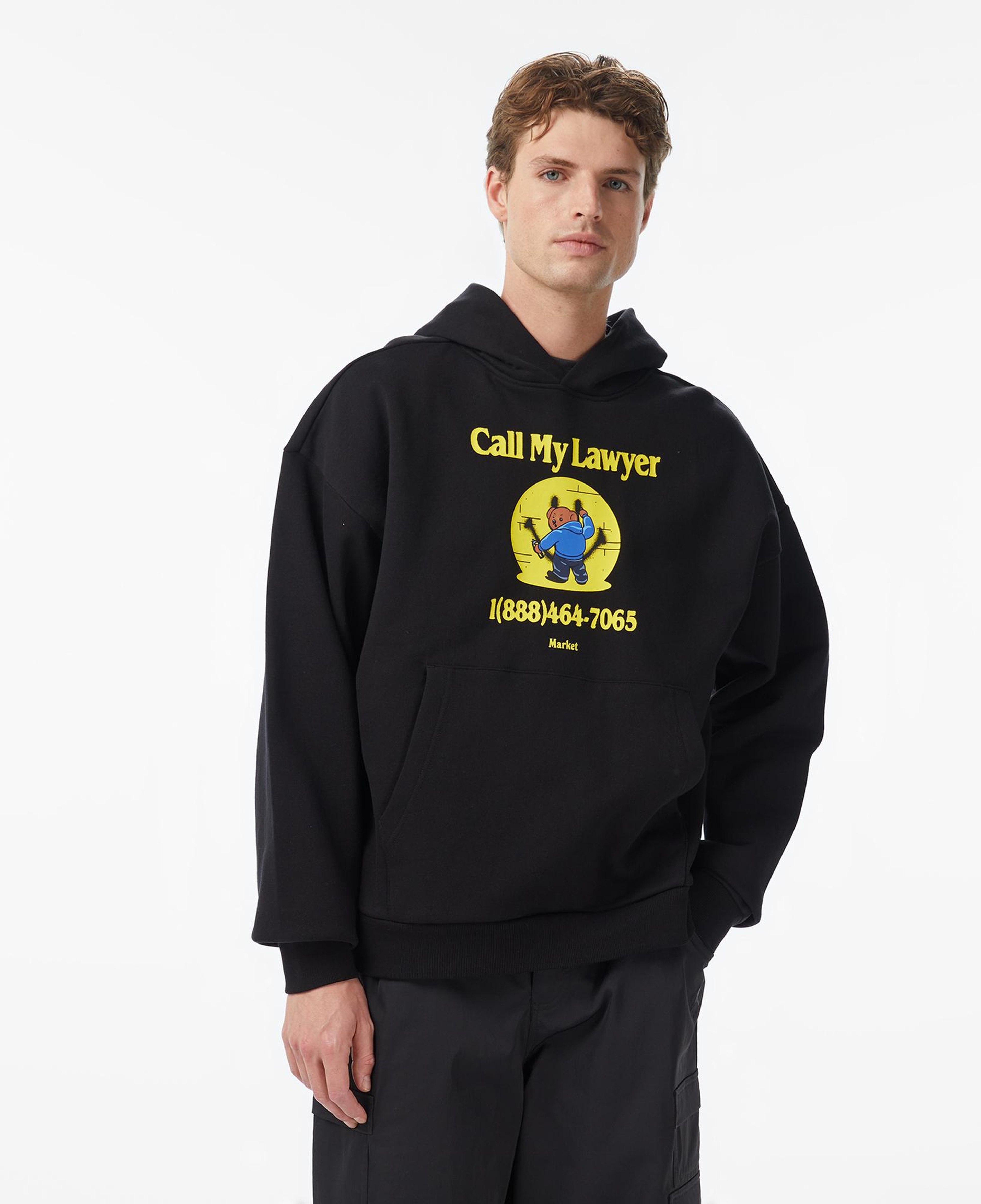 Market Smiley Call My Lawyer Bear Erkek Siyah Hoodie