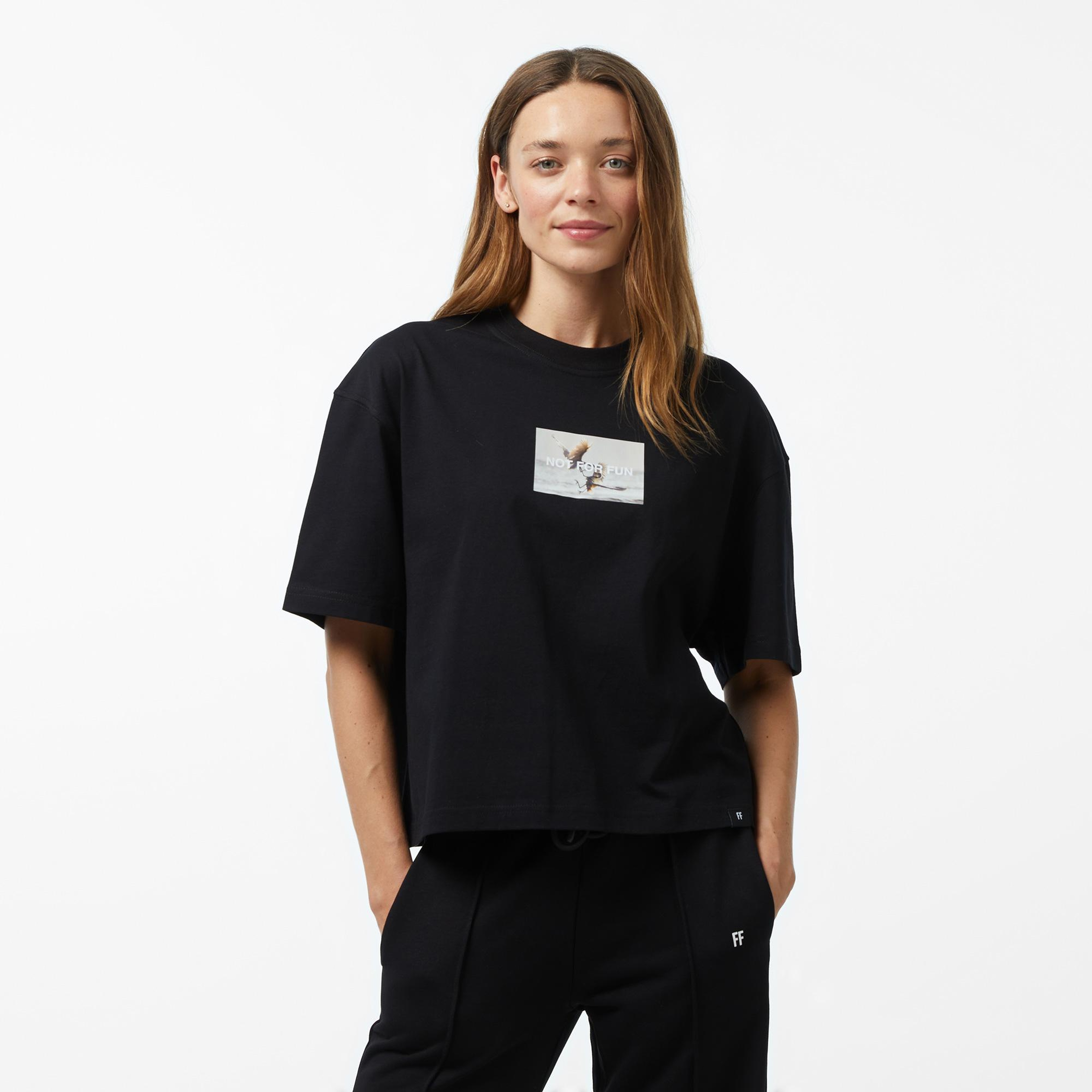 Forfun Not For Fun 003 - Oversize Drop Shoulder Kadın Siyah T-Shirt
