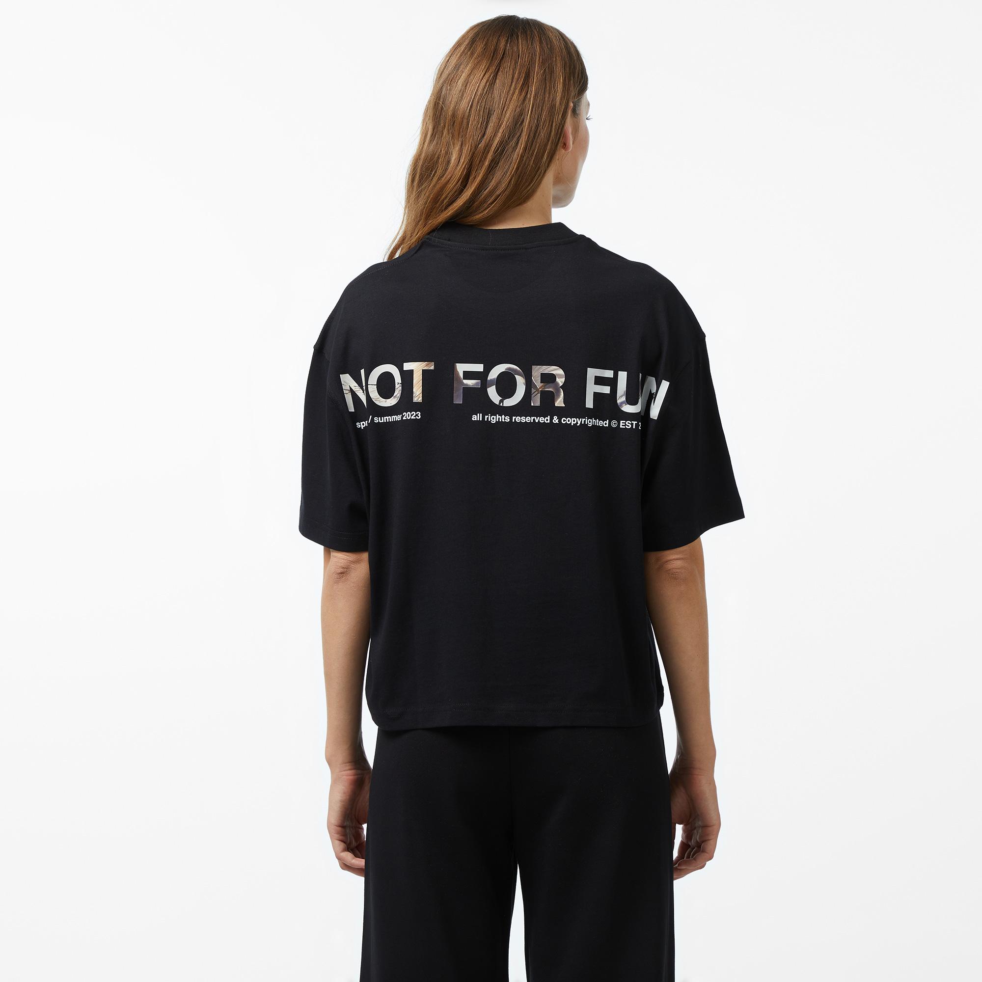 Forfun Not For Fun 003 - Oversize Drop Shoulder Kadın Siyah T-Shirt