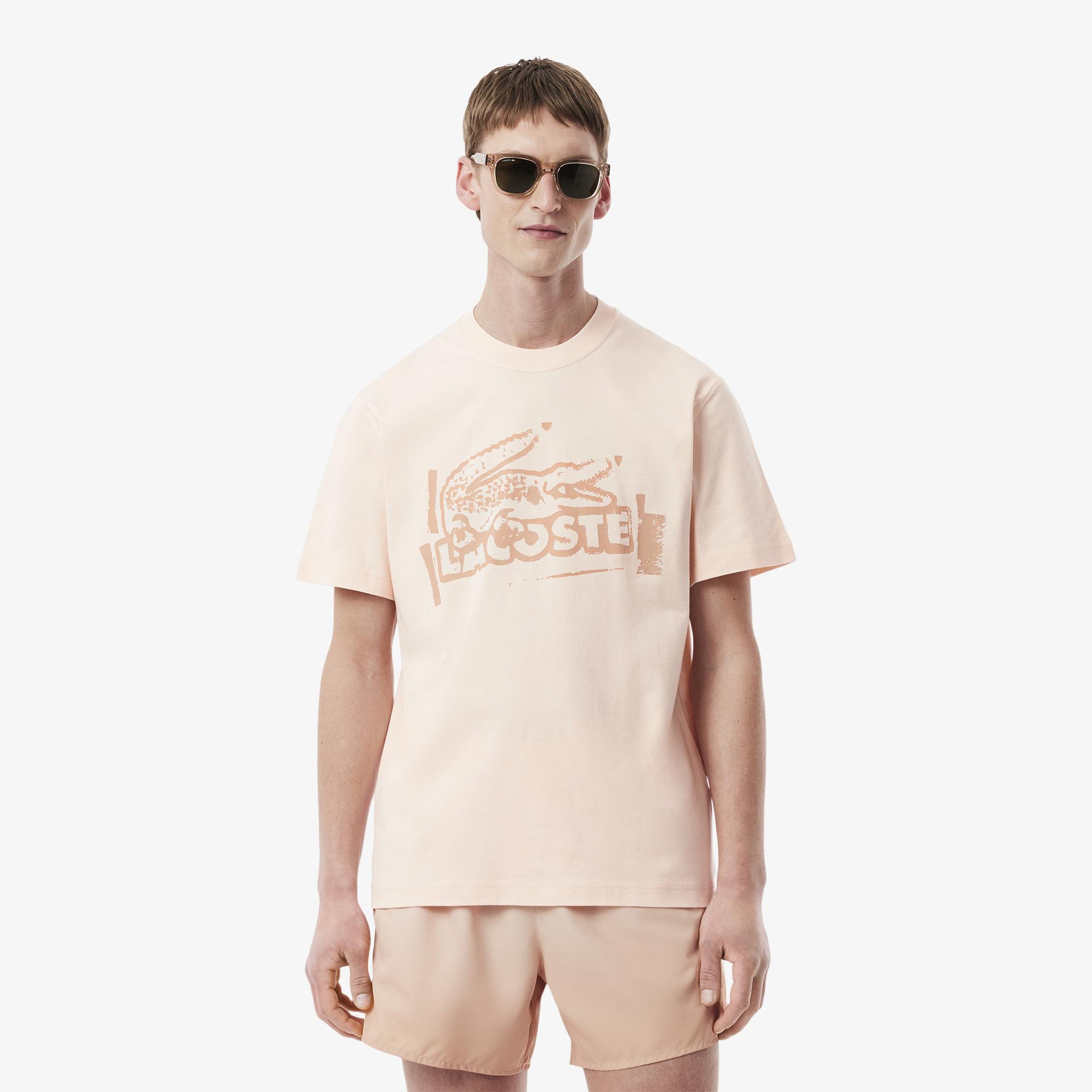 Lacoste Erkek Classic Fit Bisiklet Yaka Baskılı Bej T-Shirt