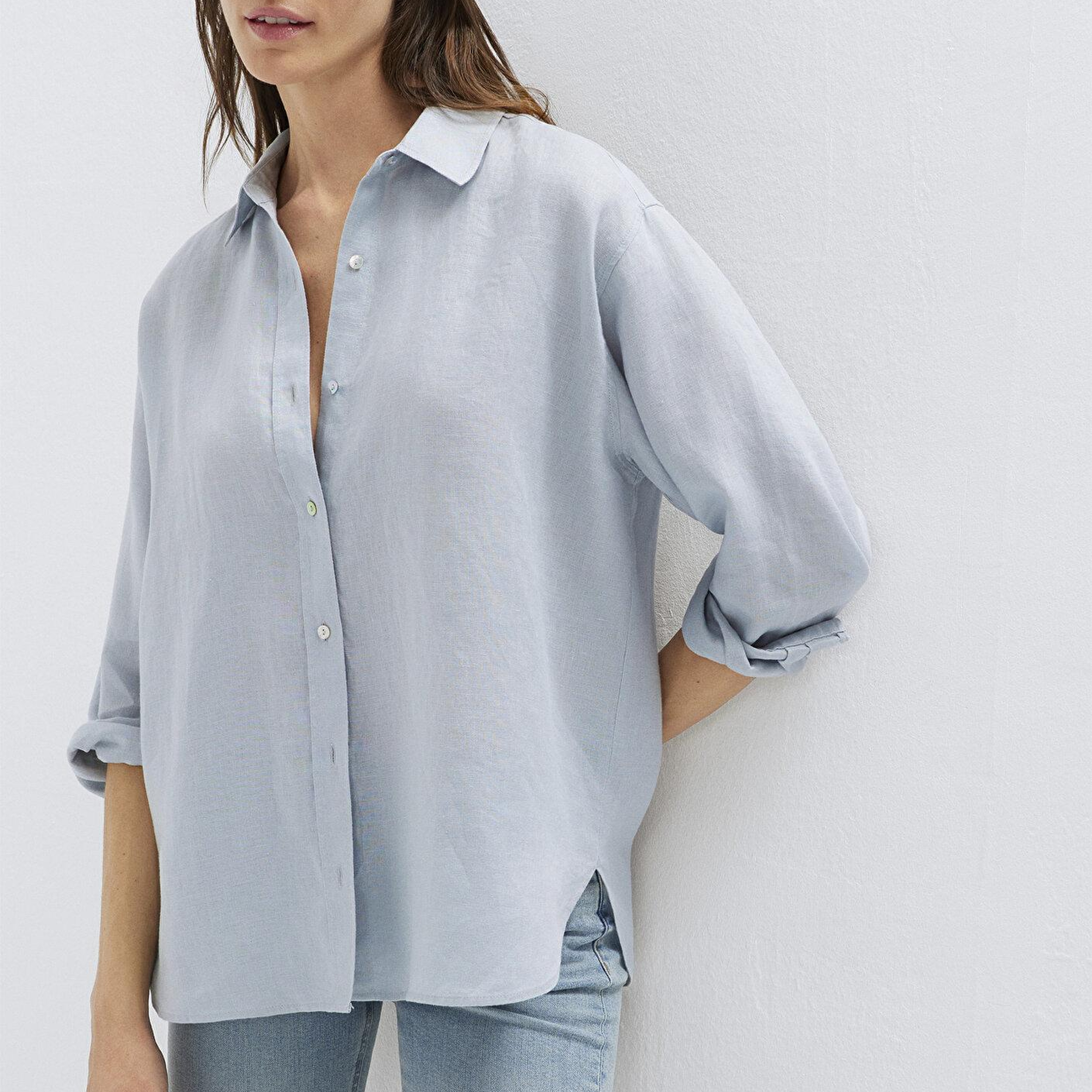 Mavi Açık Mavi Keten Gömlek Loose Fit / Bol Rahat Kesim 1210747-70802