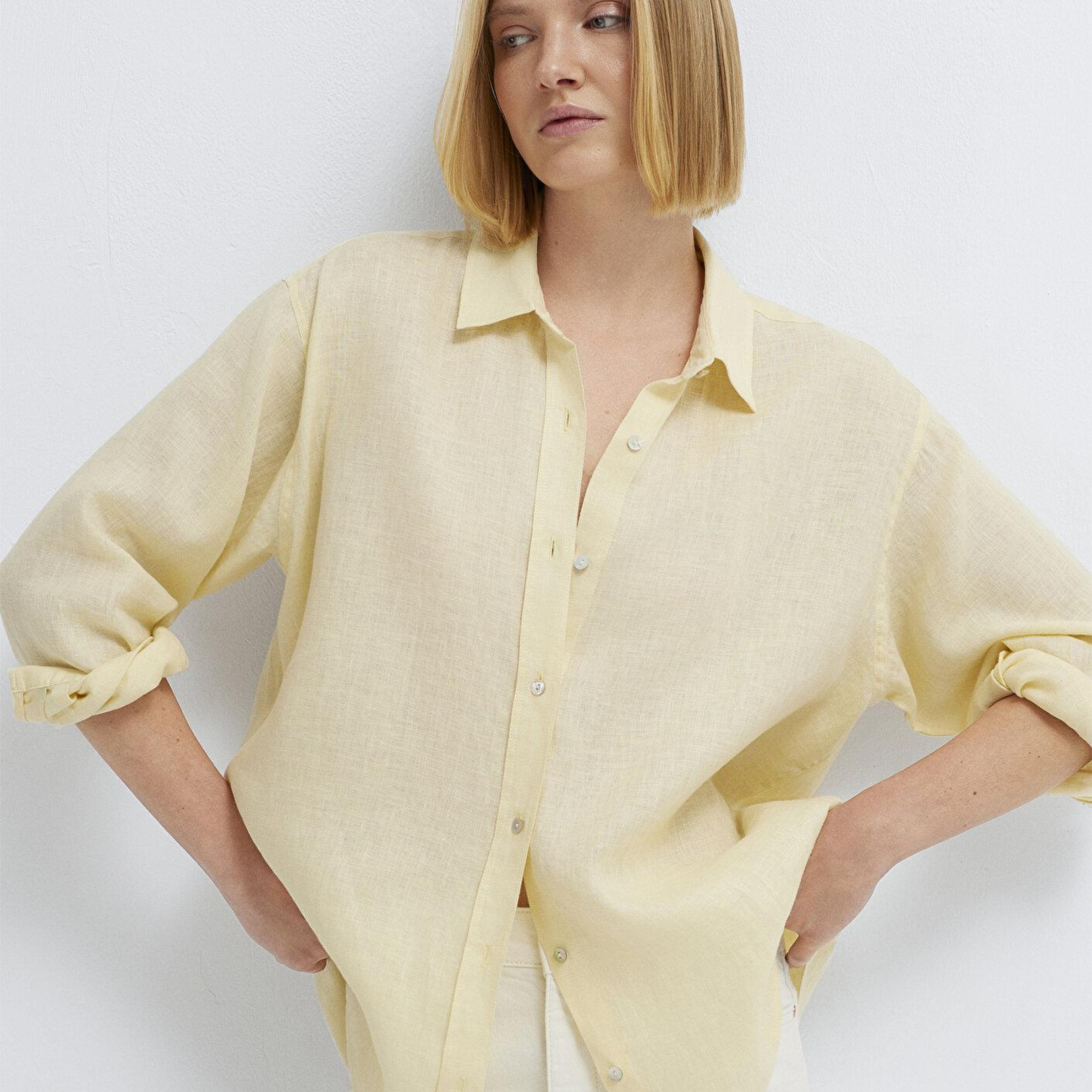 Mavi Sarı Keten Gömlek Loose Fit / Bol Rahat Kesim 1210747-84571