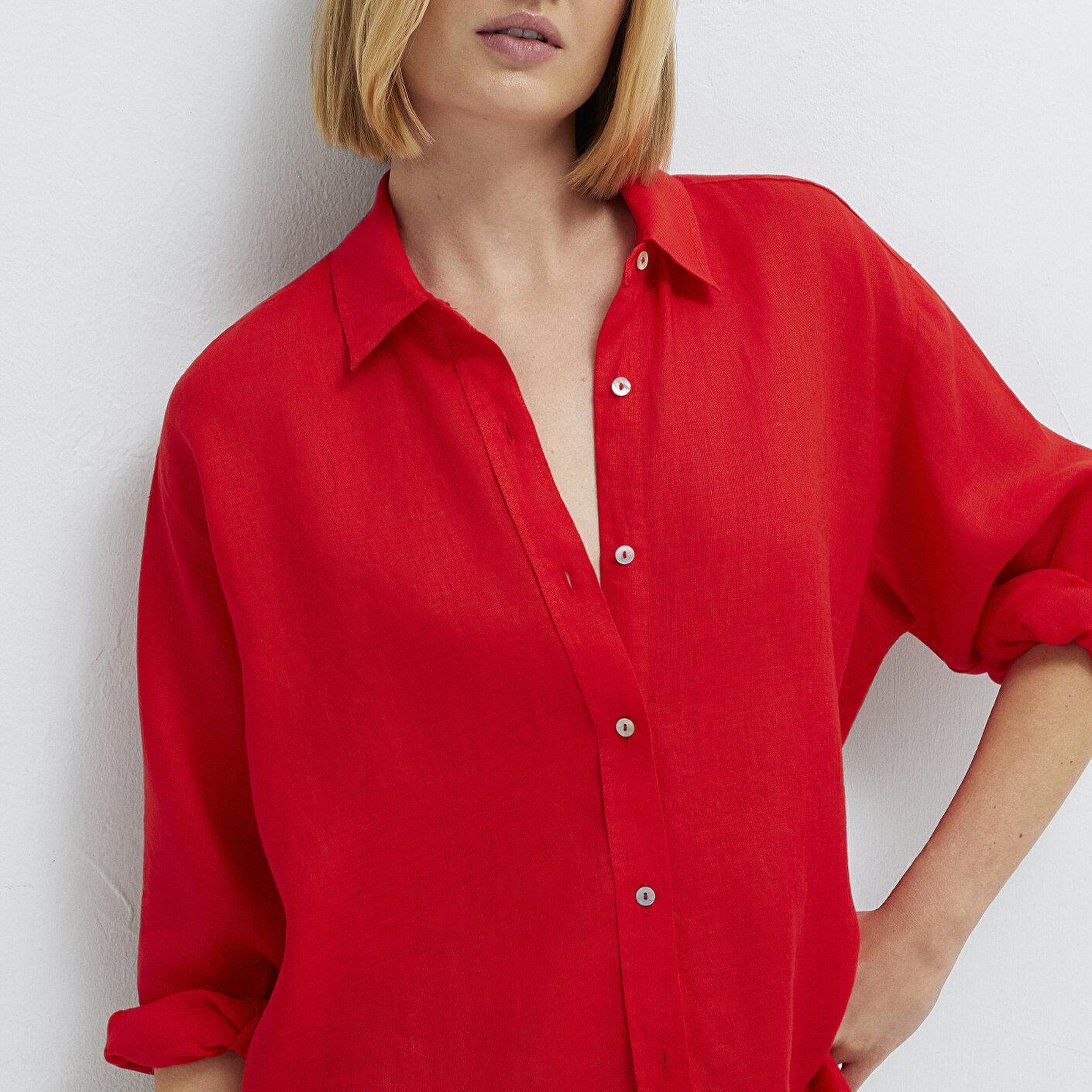 Mavi Kırmızı Keten Gömlek Loose Fit / Bol Rahat Kesim 1210747-70474