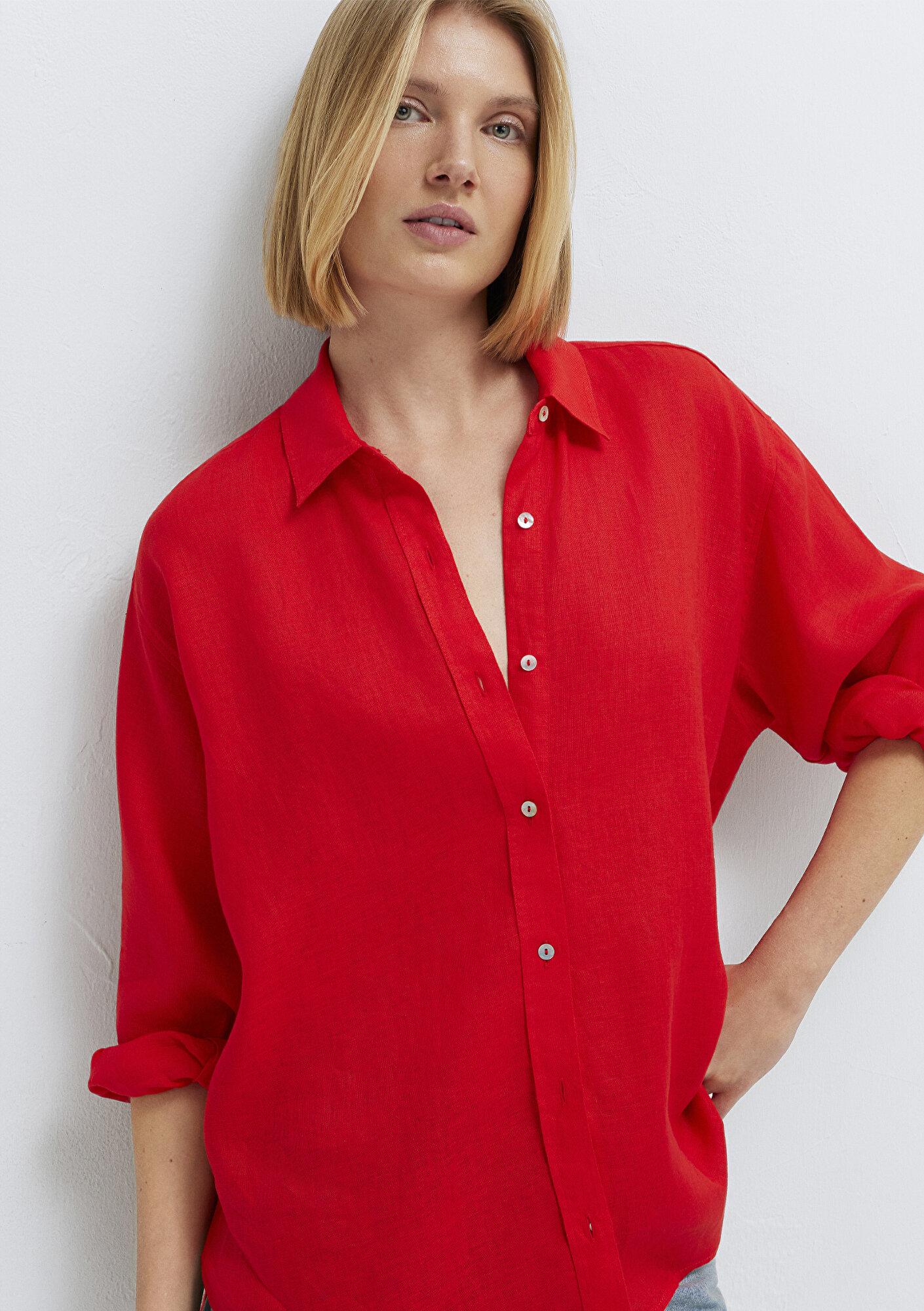 Mavi Kırmızı Keten Gömlek Loose Fit / Bol Rahat Kesim 1210747-70474