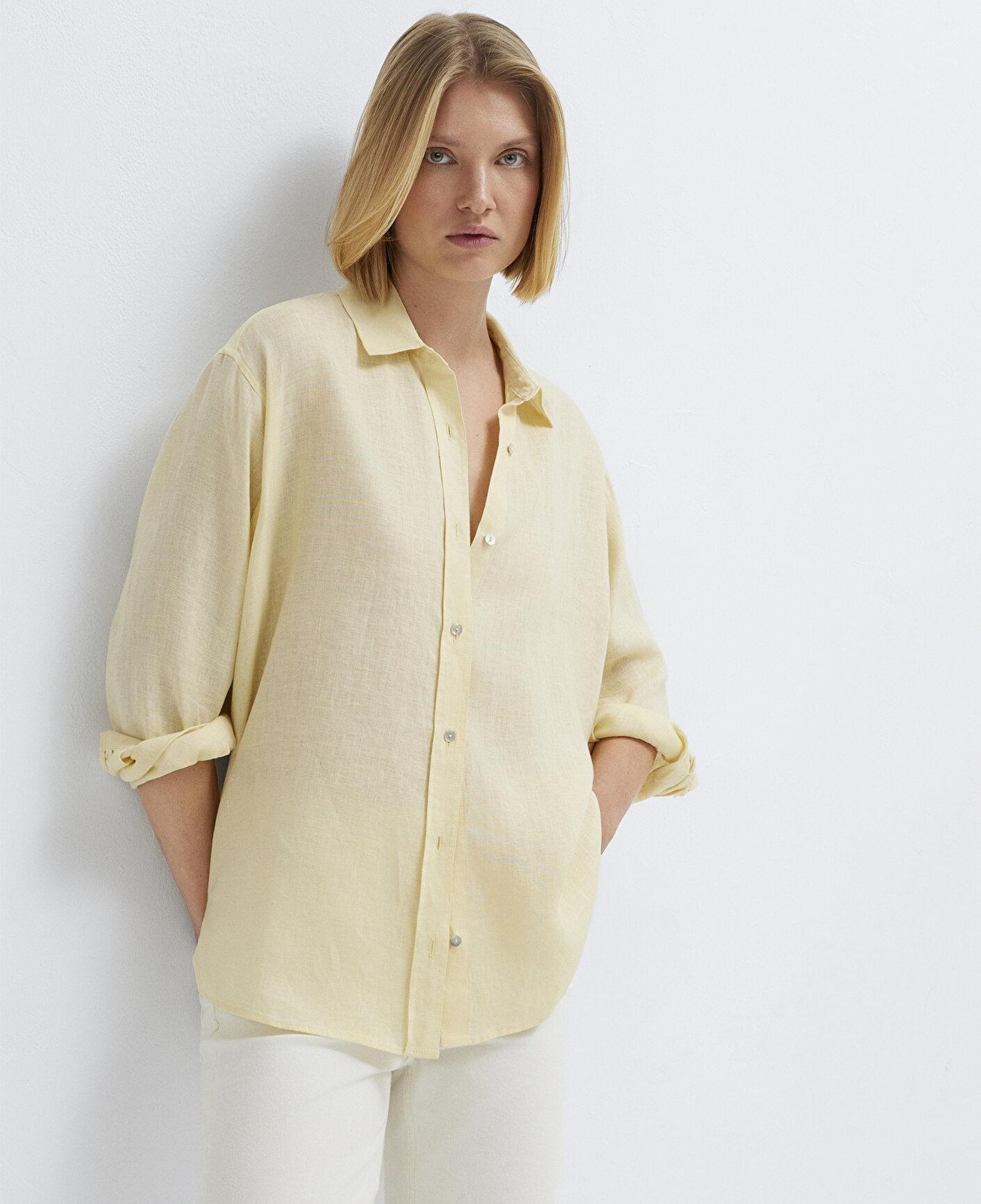 Mavi Sarı Keten Gömlek Loose Fit / Bol Rahat Kesim 1210747-84571