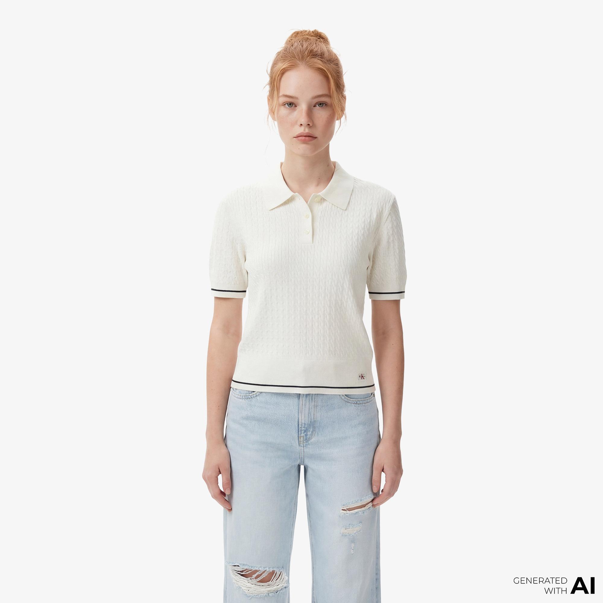 Calvin Klein Woven Label Cropped Cable Kadın Beyaz Triko