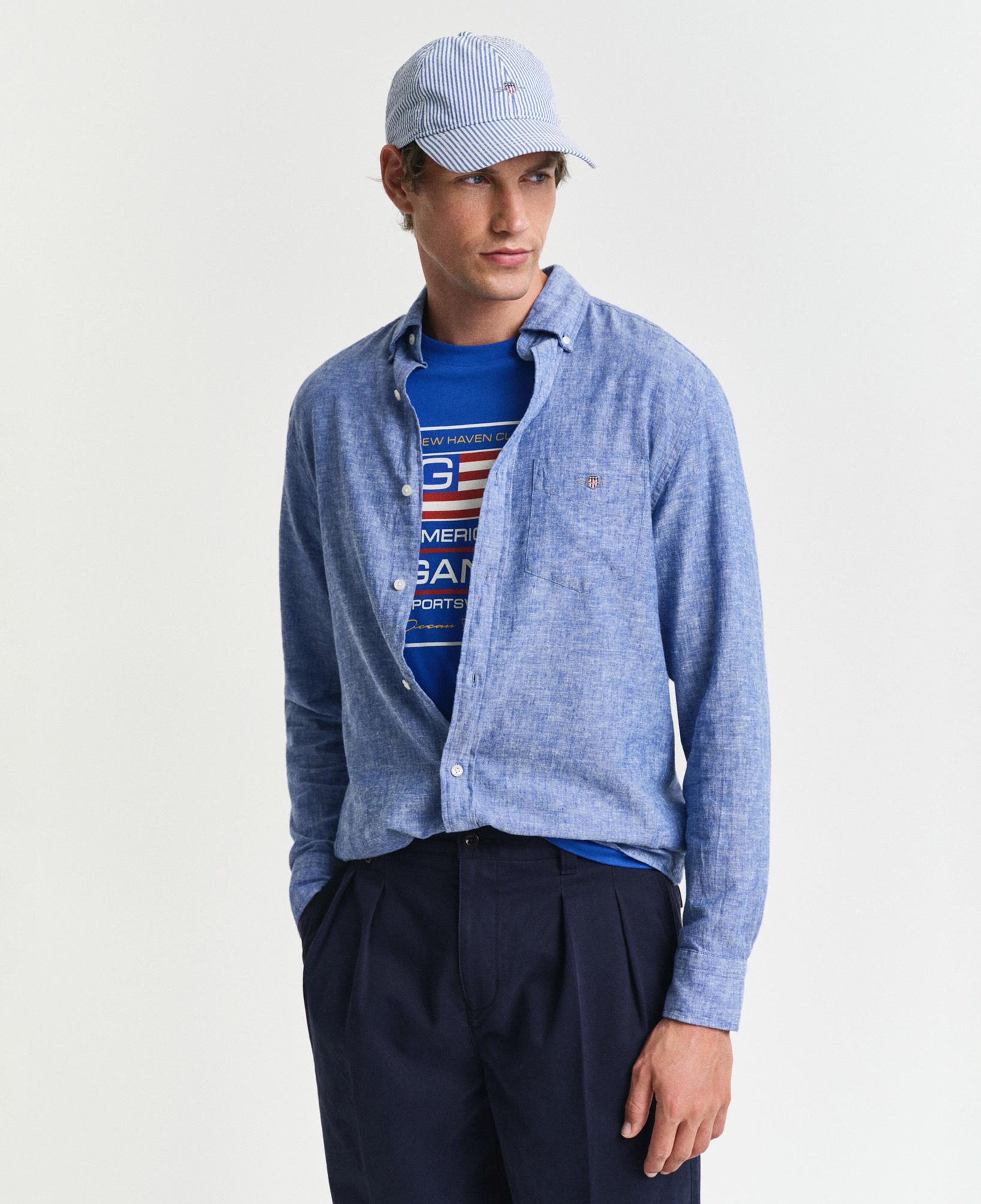 GANT Erkek Lacivert Regular Fit Düğmeli Yaka Keten Gömlek