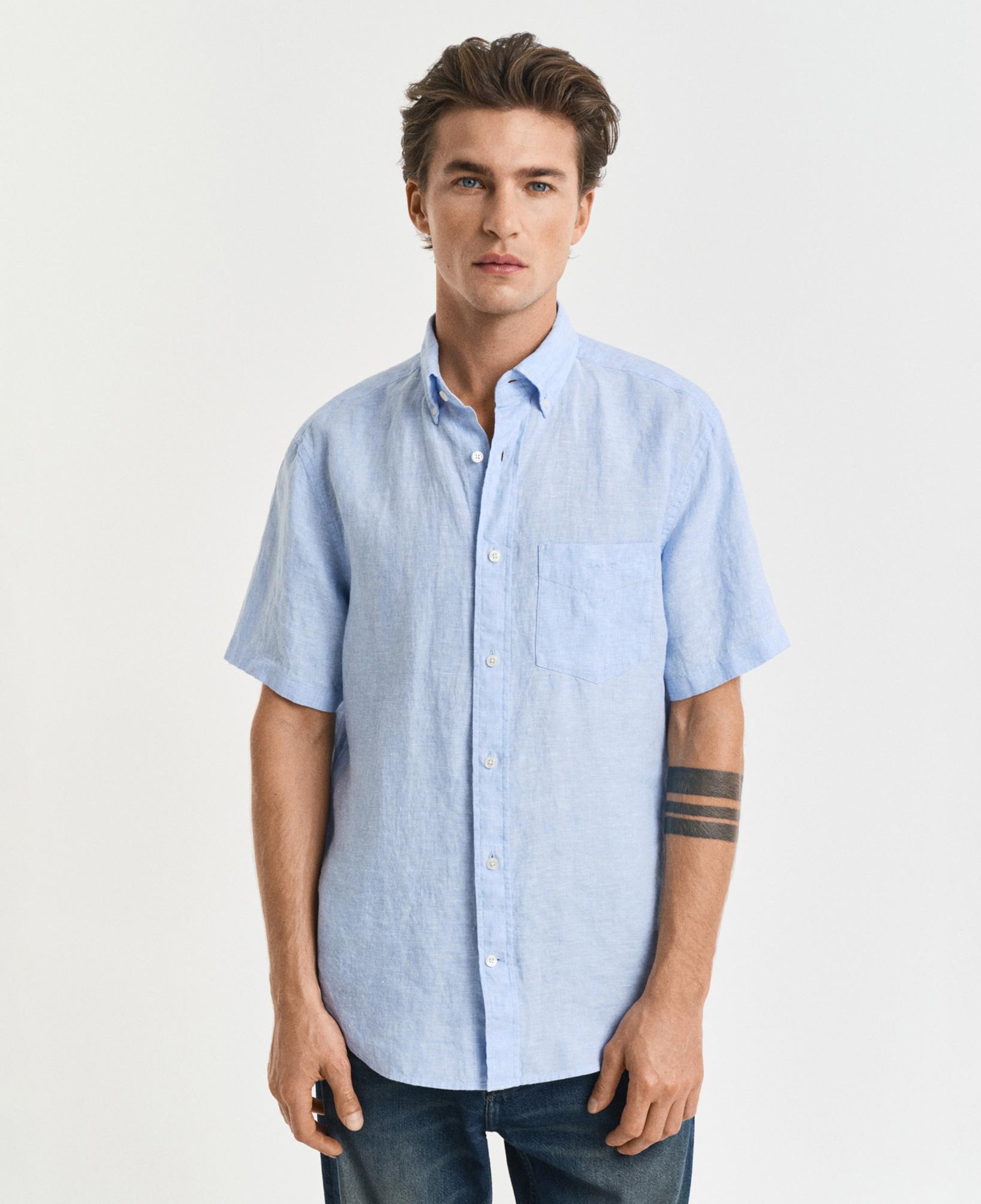 GANT Erkek Mavi Regular Fit Düğmeli Yaka Keten Gömlek