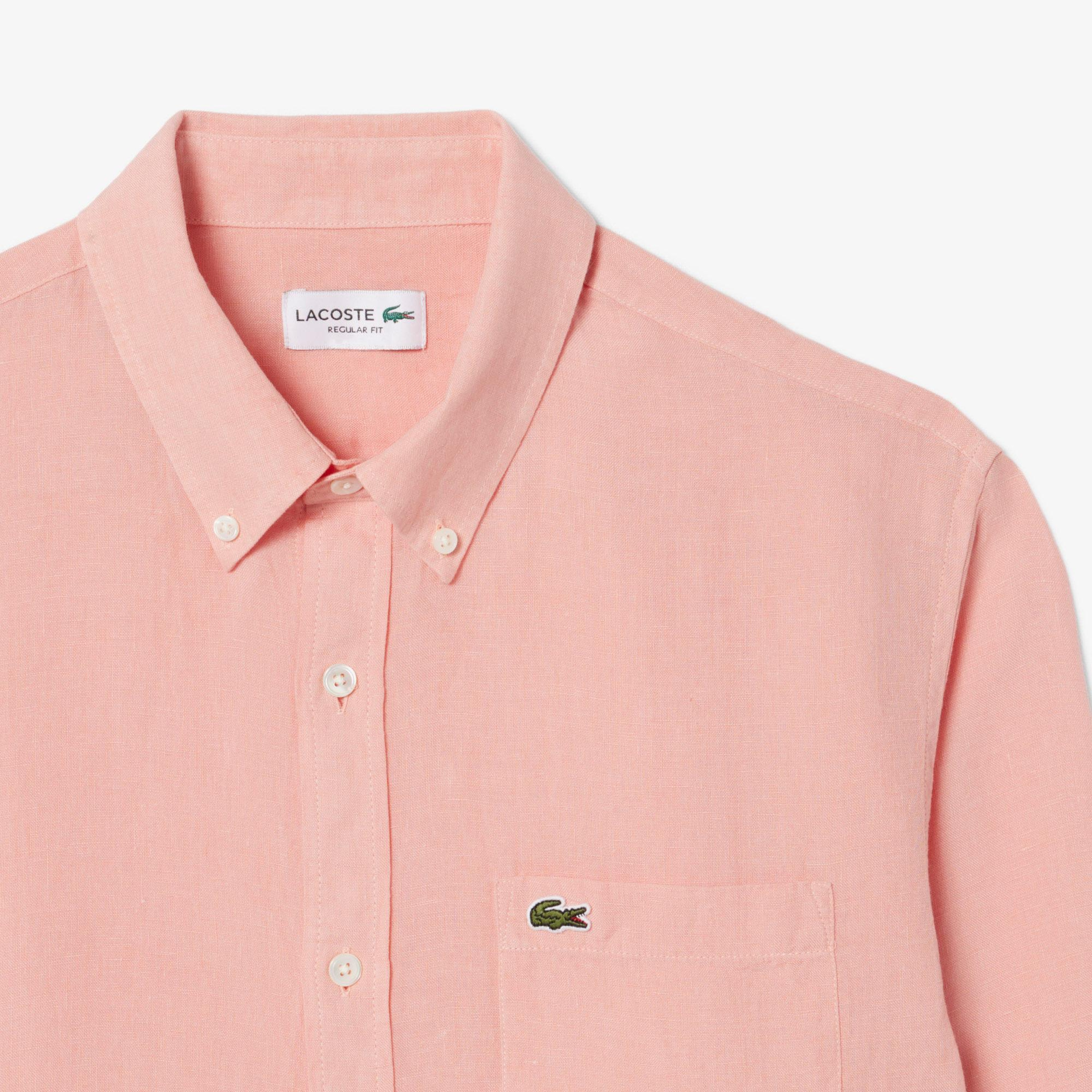 Lacoste Erkek Regular Fit Düğmeli Yaka Keten Pembe Gömlek