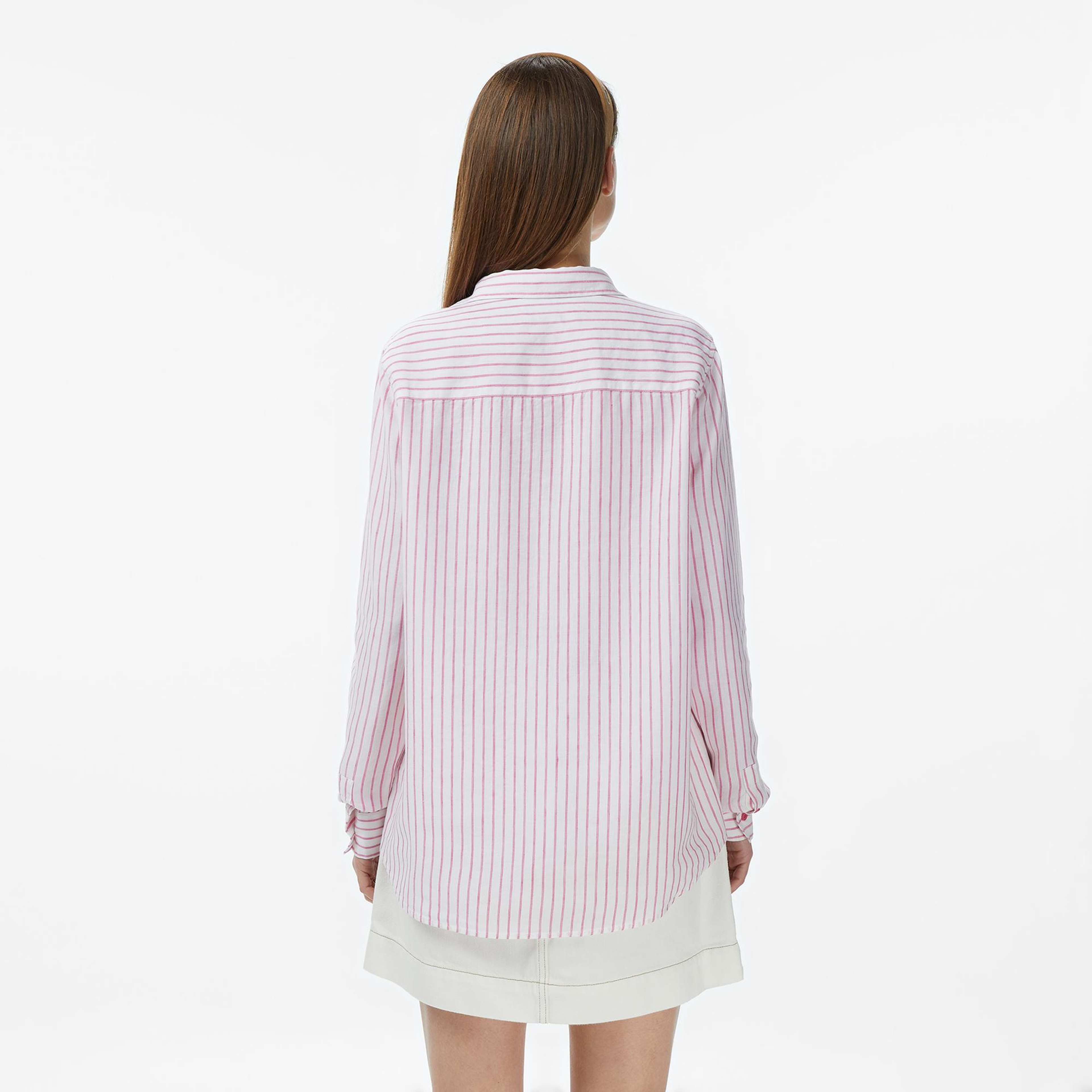Lacoste Kadın Relaxed Fit Keten Çizgili Pembe Gömlek