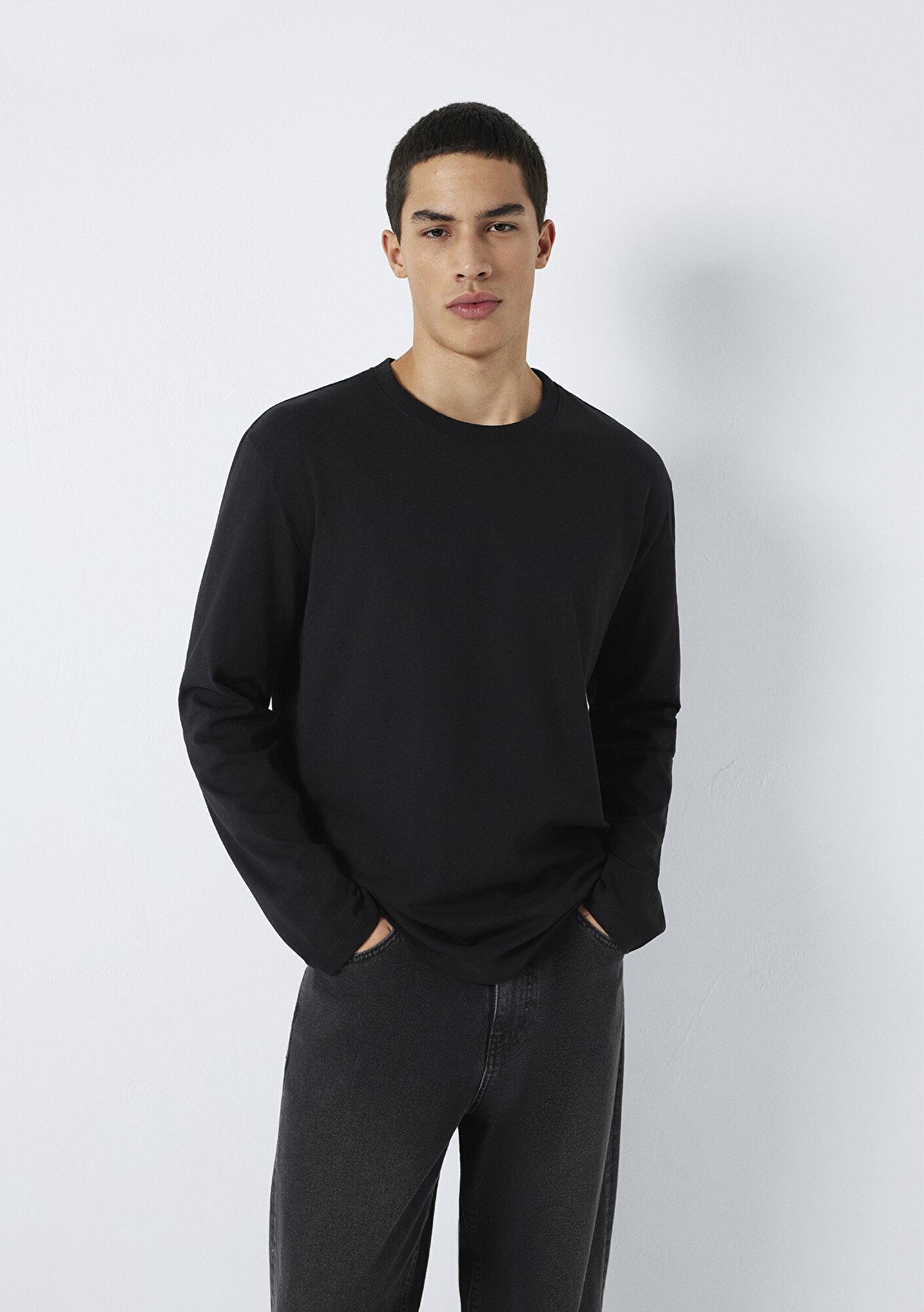 Mavi Uzun Kollu Siyah Basic Tişört Loose Fit / Bol Rahat Kesim 0613170-900