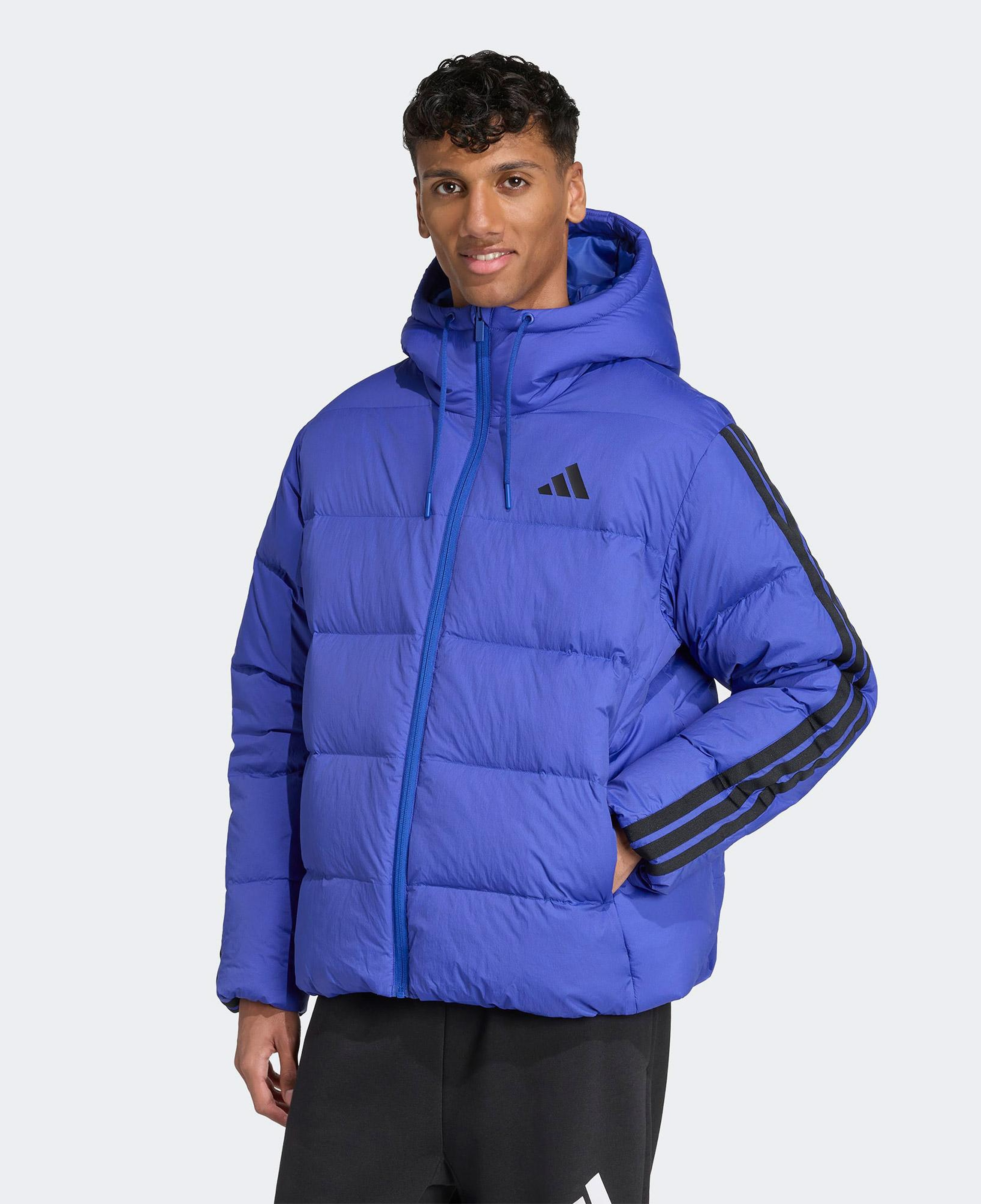 adidas Essentials Climawarm 3 Stripes Puffer Down Kapüşonlu Erkek Mavi Outdoor Montu