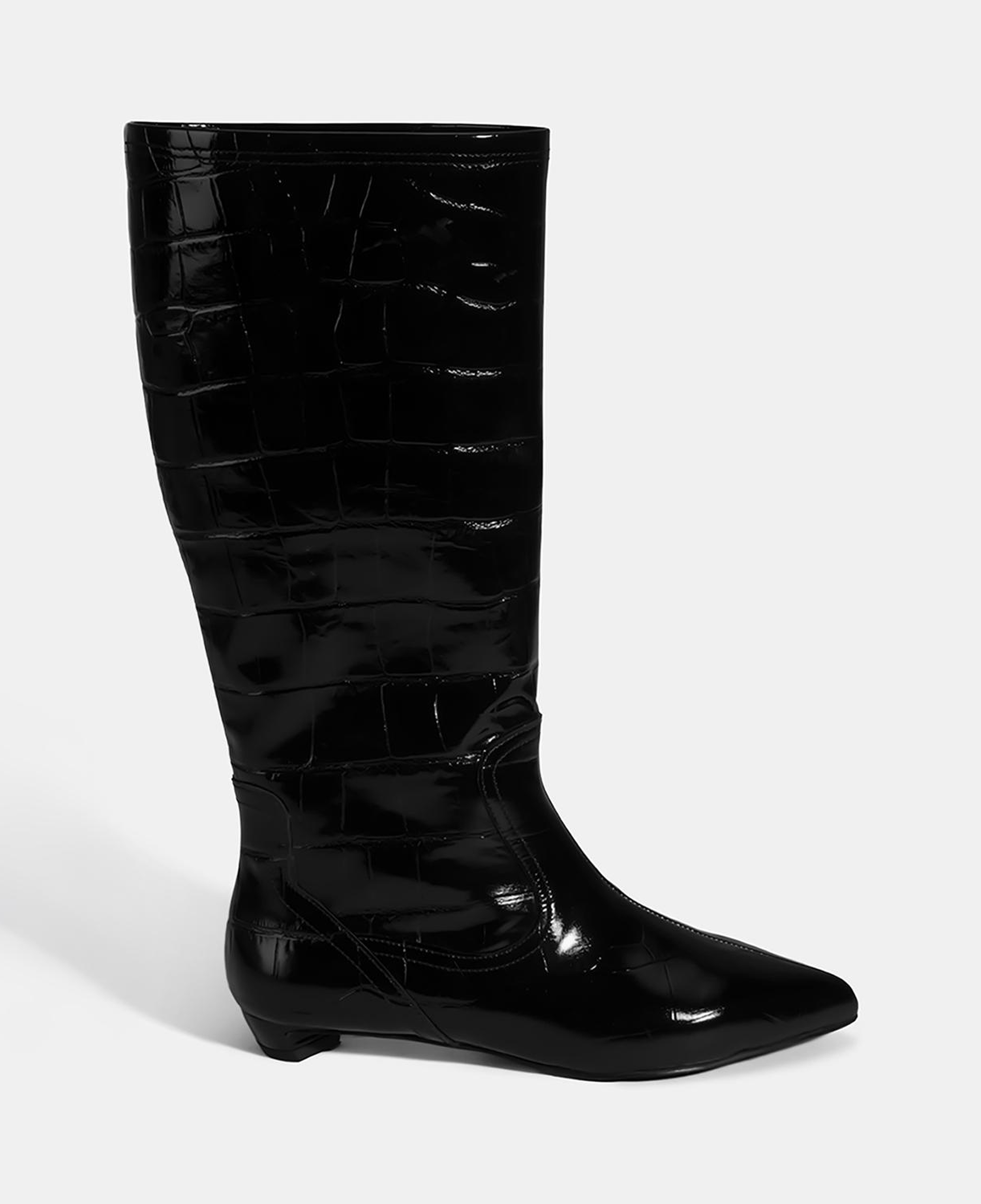 Kadın Siyah Kroko Baskılı İnce Topuklu Rugan Deri Çizme
