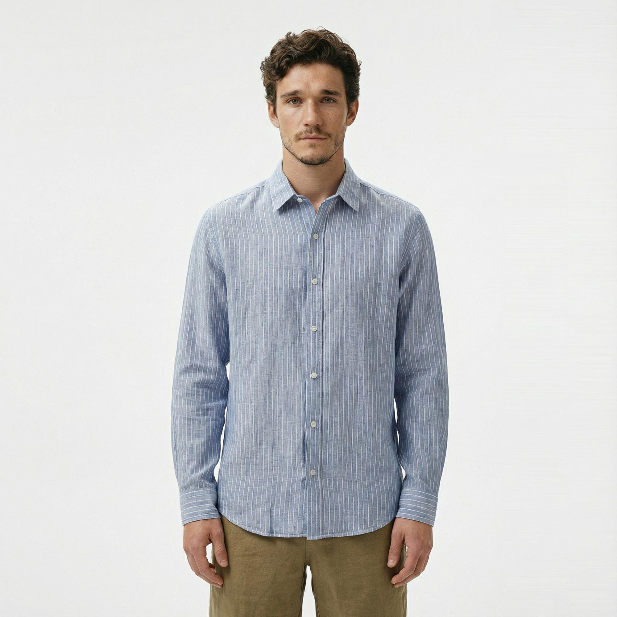 Nautica Erkek Mavi Classic Fit Çizgili Keten Gömlek