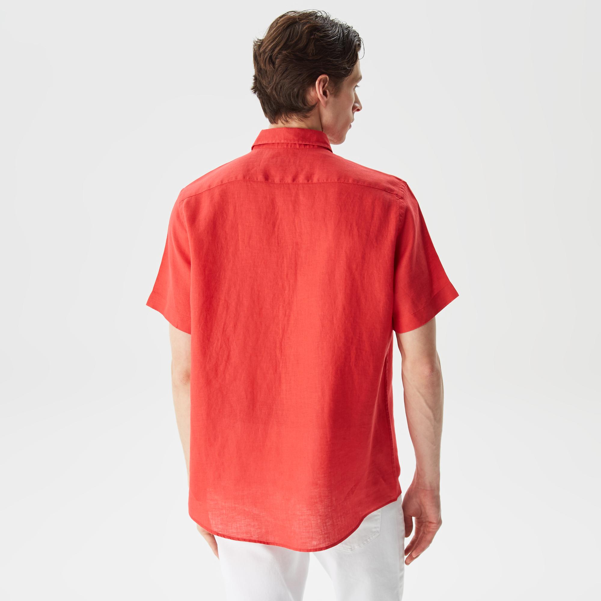 Nautica Erkek Turuncu Classic Fit Kısa Kollu Keten Gömlek