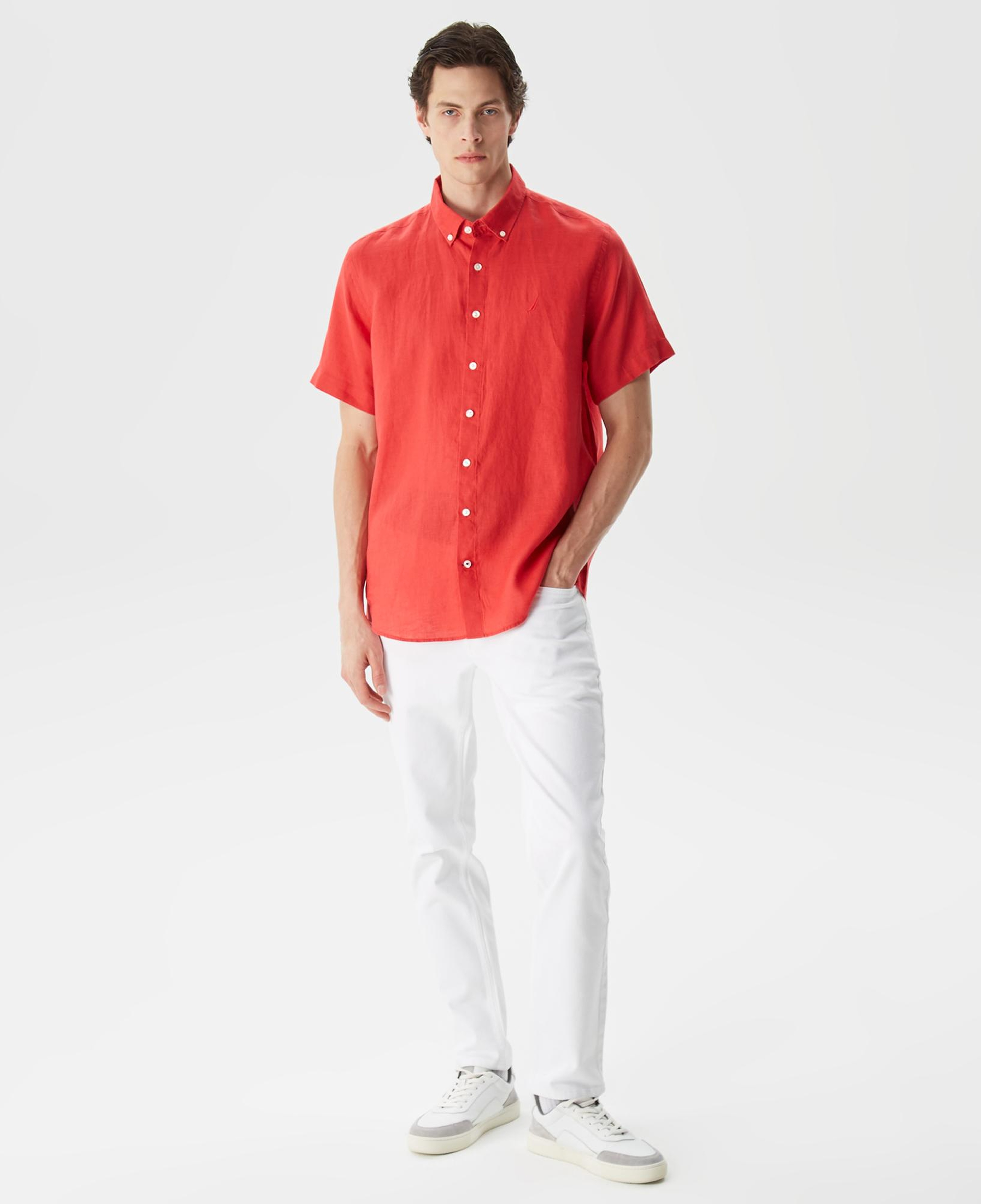 Nautica Erkek Turuncu Classic Fit Kısa Kollu Keten Gömlek